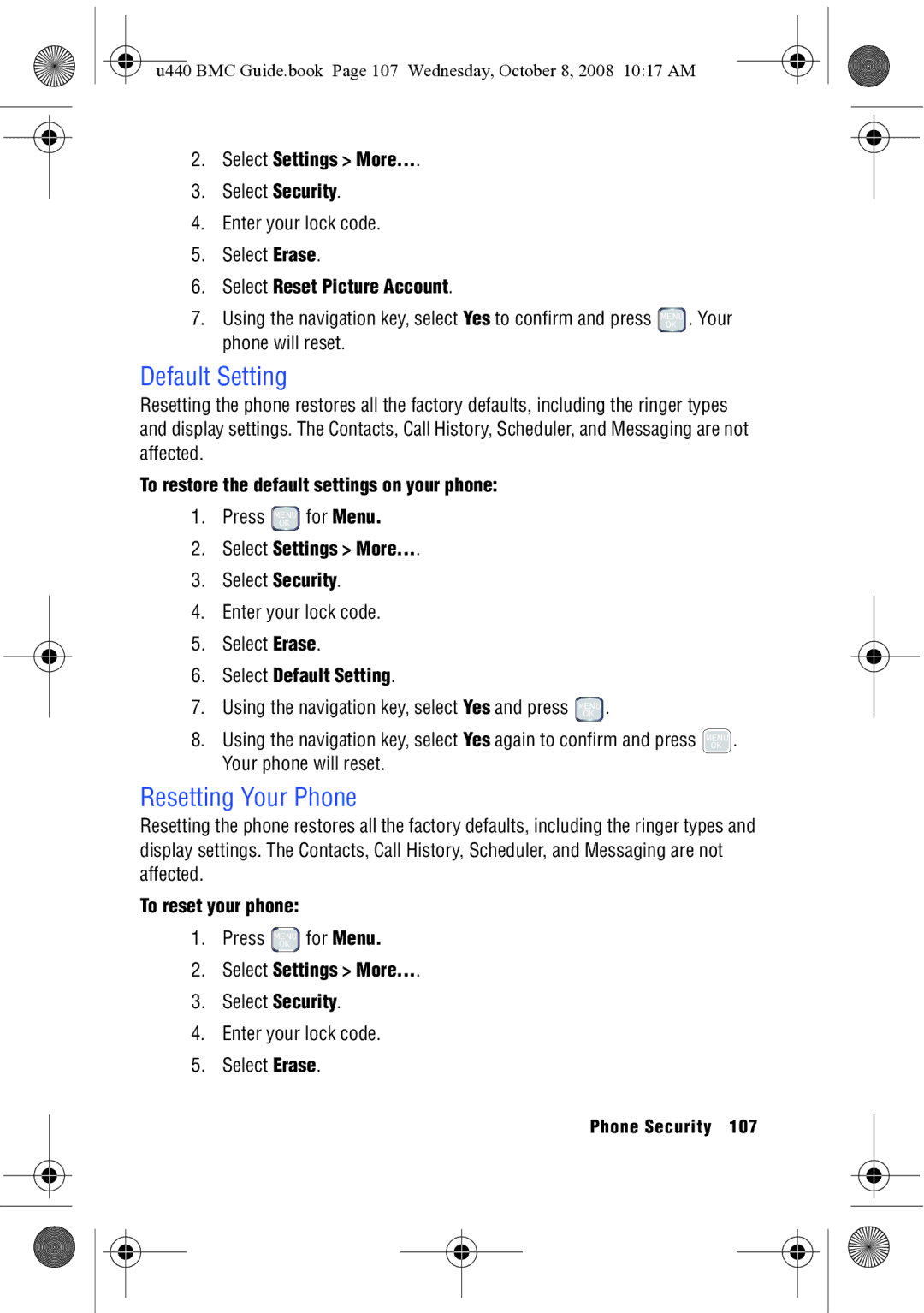 Samsung SCH-U440 manual Default Setting, Resetting Your Phone 