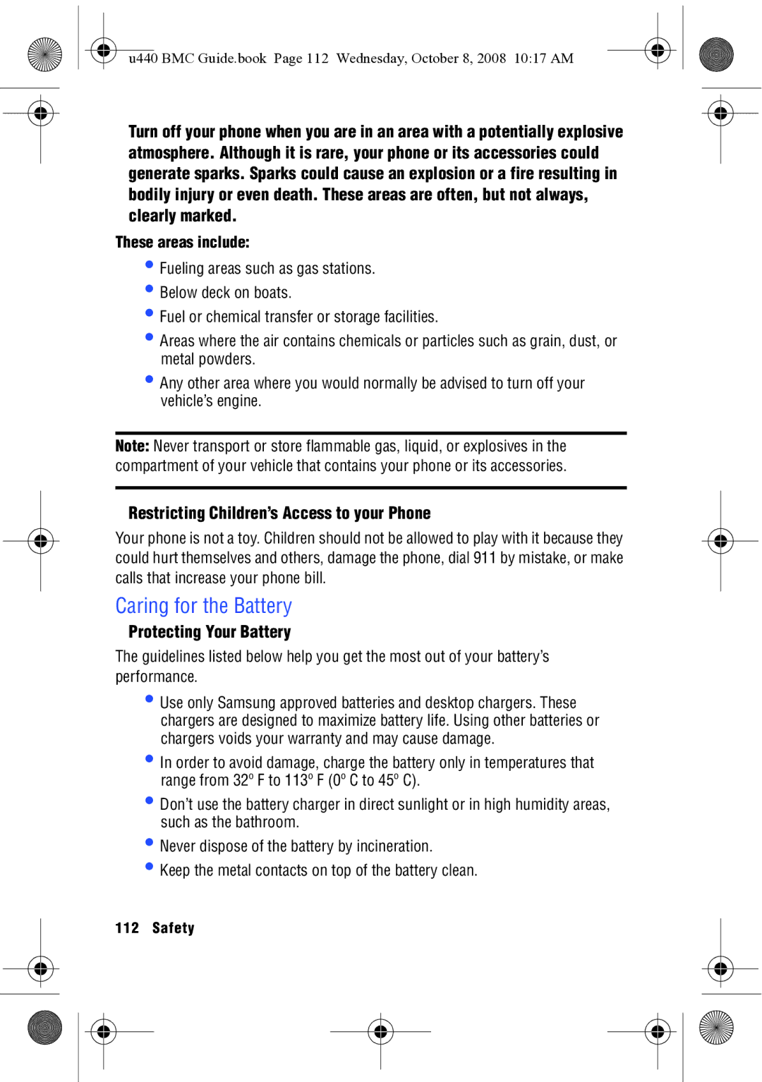 Samsung SCH-U440 manual Caring for the Battery, Restricting Children’s Access to your Phone, Protecting Your Battery 