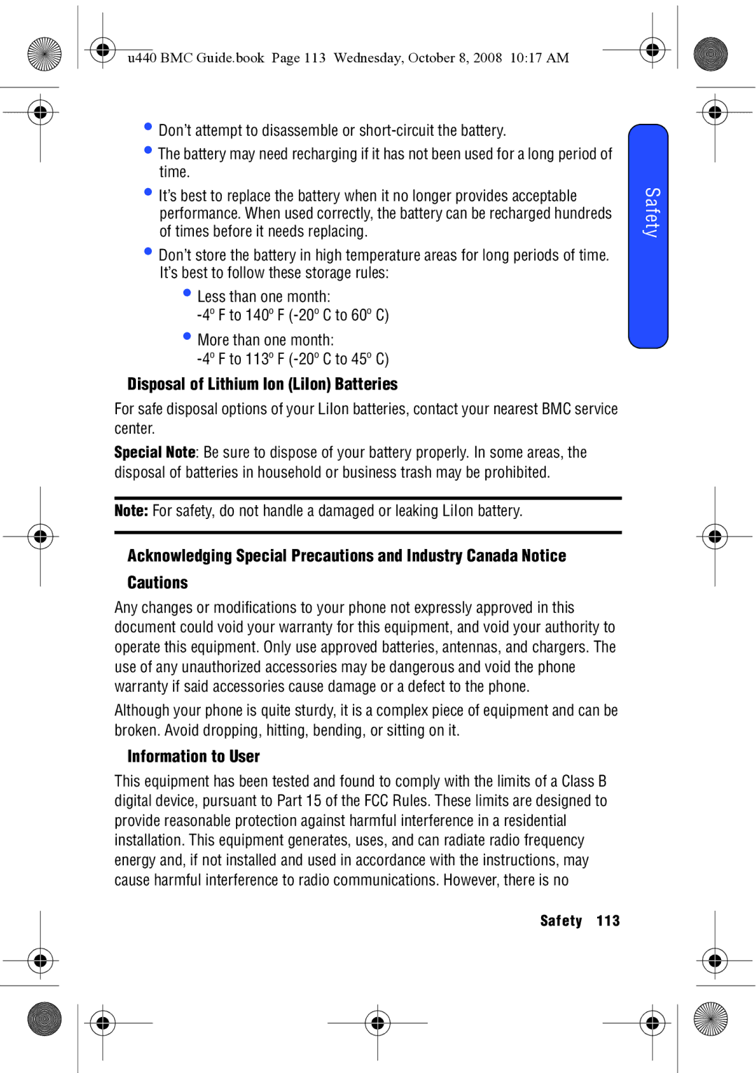 Samsung SCH-U440 manual Disposal of Lithium Ion LiIon Batteries, Information to User 