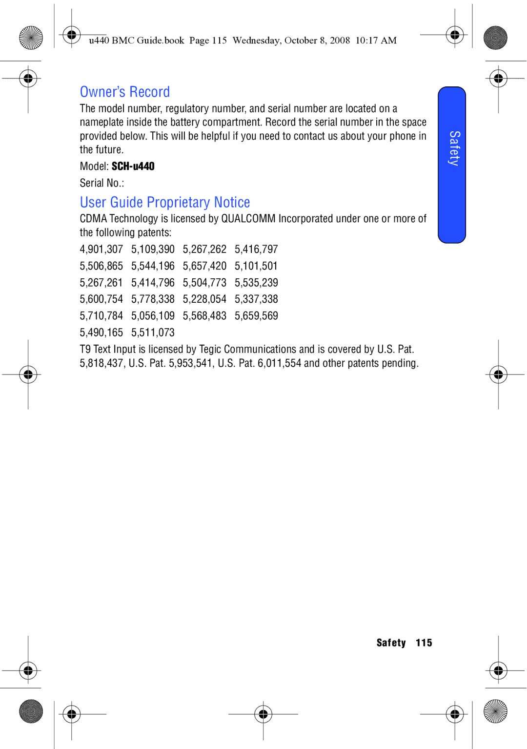 Samsung SCH-U440 manual Owner’s Record, User Guide Proprietary Notice, Model SCH-u440, Serial No 