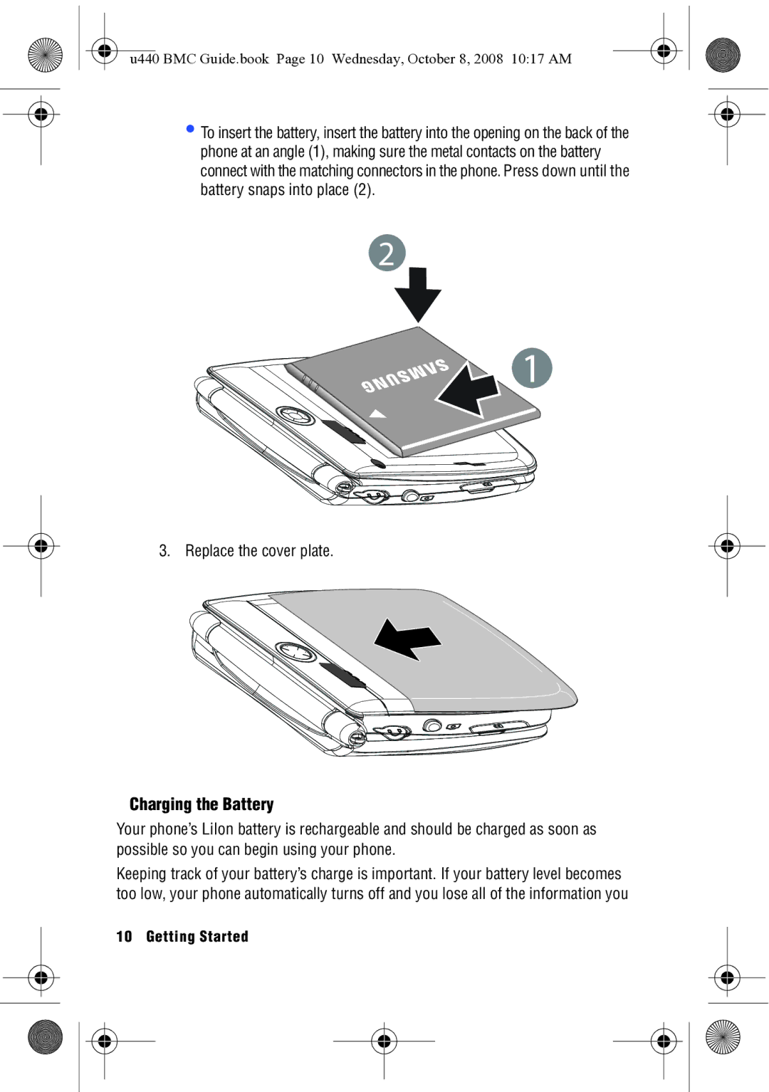 Samsung SCH-U440 manual Charging the Battery, Replace the cover plate 