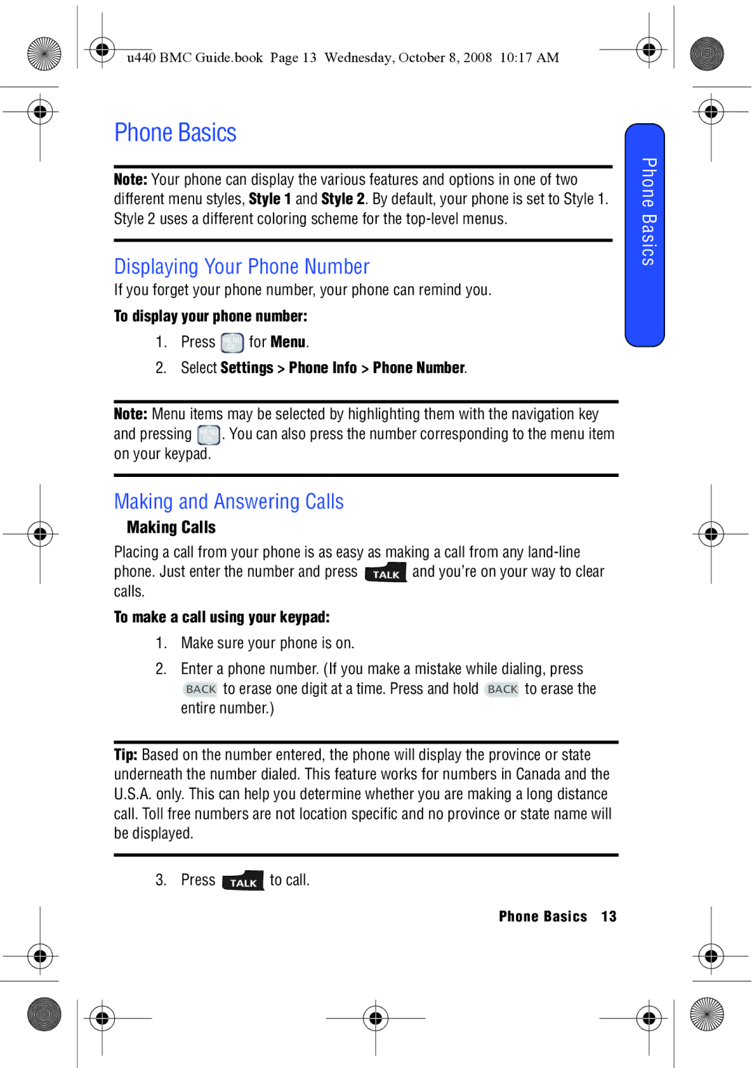 Samsung SCH-U440 manual Phone Basics, Displaying Your Phone Number, Making and Answering Calls, Making Calls 