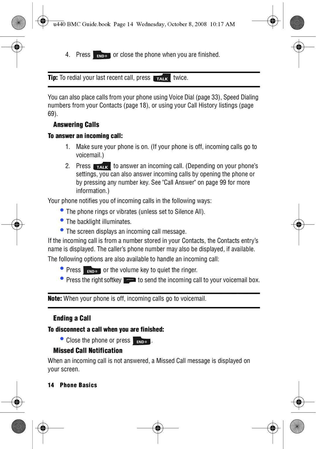 Samsung SCH-U440 manual Answering Calls, Ending a Call, Missed Call Notification, To answer an incoming call 