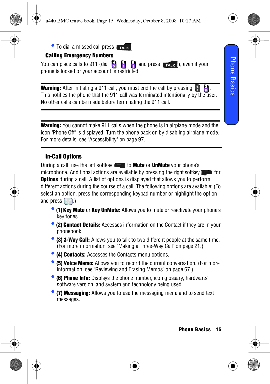 Samsung SCH-U440 manual Calling Emergency Numbers, In-Call Options 