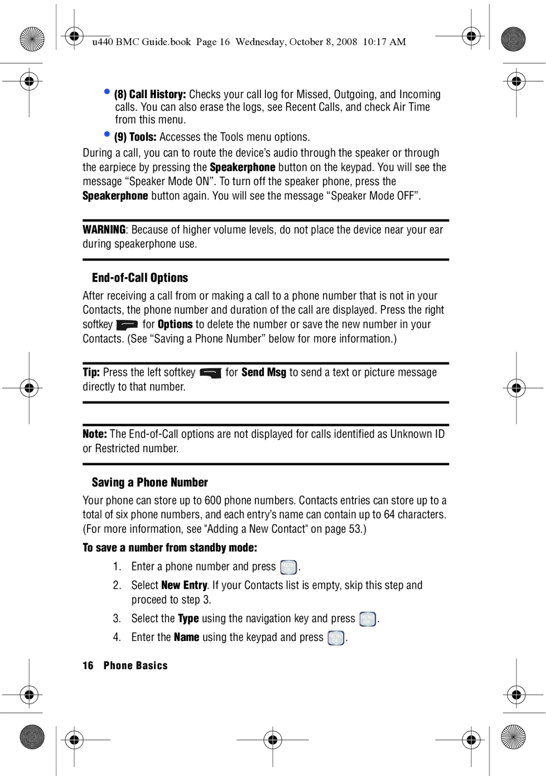 Samsung SCH-U440 manual End-of-Call Options, Saving a Phone Number, To save a number from standby mode 