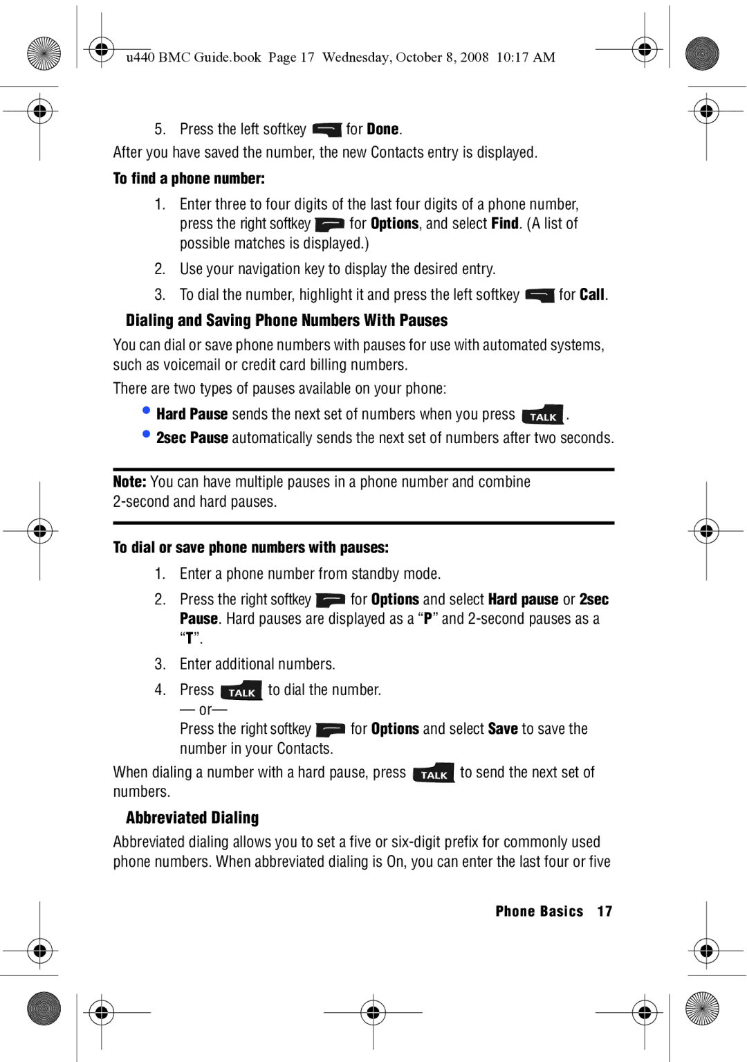 Samsung SCH-U440 manual Dialing and Saving Phone Numbers With Pauses, Abbreviated Dialing, To find a phone number 