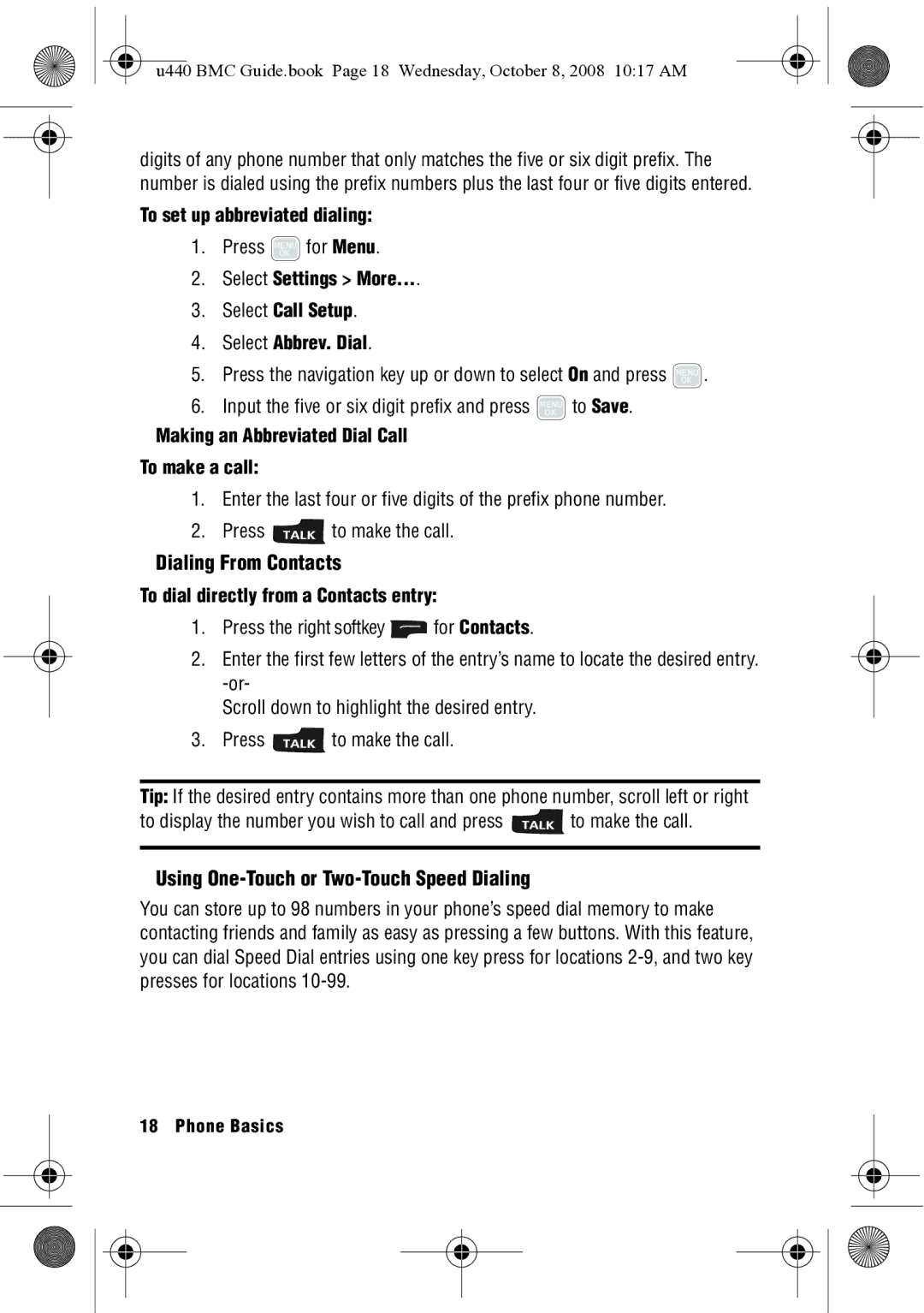 Samsung SCH-U440 manual Dialing From Contacts, Using One-Touch or Two-Touch Speed Dialing 