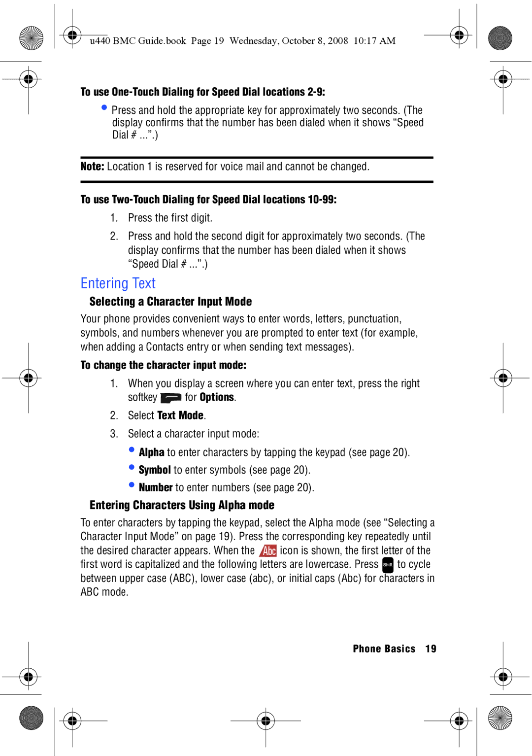 Samsung SCH-U440 manual Entering Text, Selecting a Character Input Mode, Entering Characters Using Alpha mode 