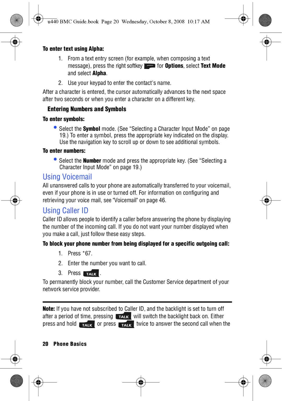 Samsung SCH-U440 manual Using Voicemail, Using Caller ID, Entering Numbers and Symbols 