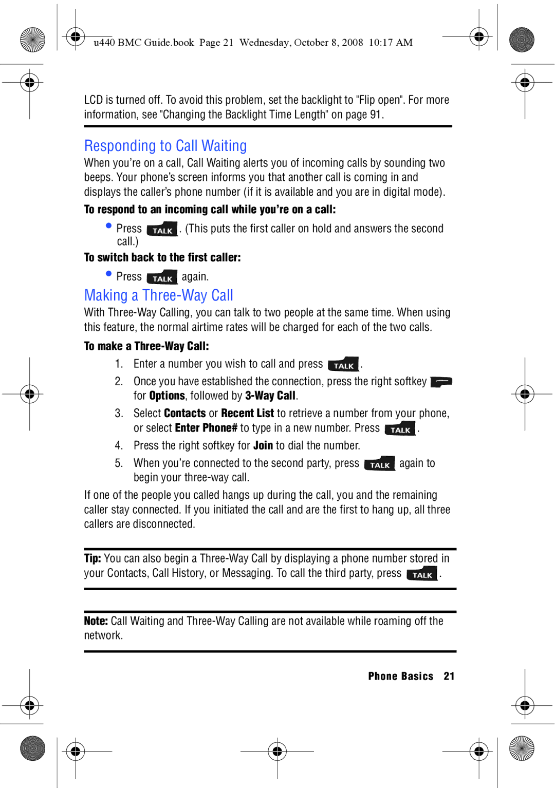 Samsung SCH-U440 manual Responding to Call Waiting, Making a Three-Way Call, To switch back to the first caller 