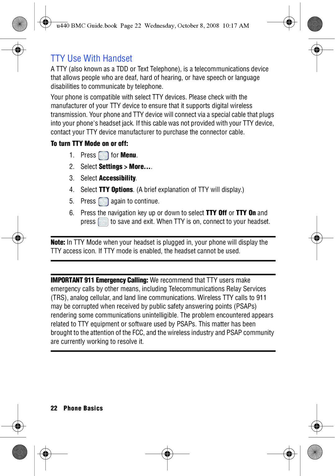 Samsung SCH-U440 manual TTY Use With Handset, To turn TTY Mode on or off, Select Settings More Select Accessibility 