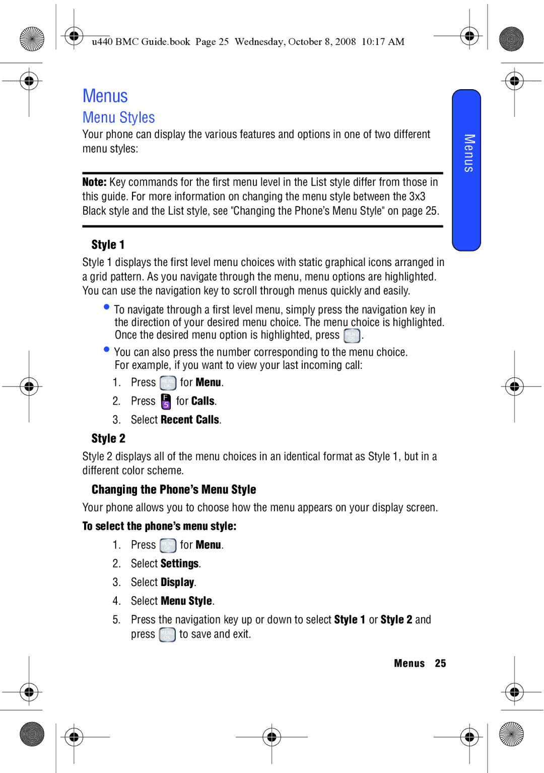 Samsung SCH-U440 manual Menus, Menu Styles, Changing the Phone’s Menu Style 