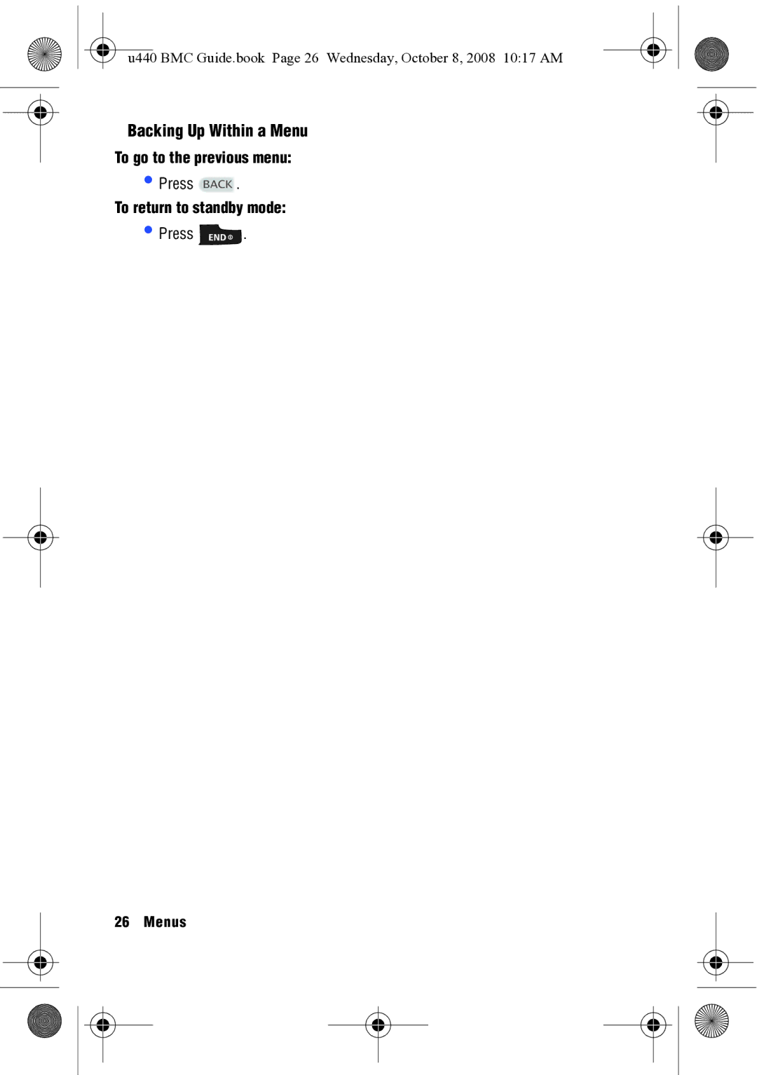 Samsung SCH-U440 manual Backing Up Within a Menu, To go to the previous menu, Press Back, To return to standby mode 