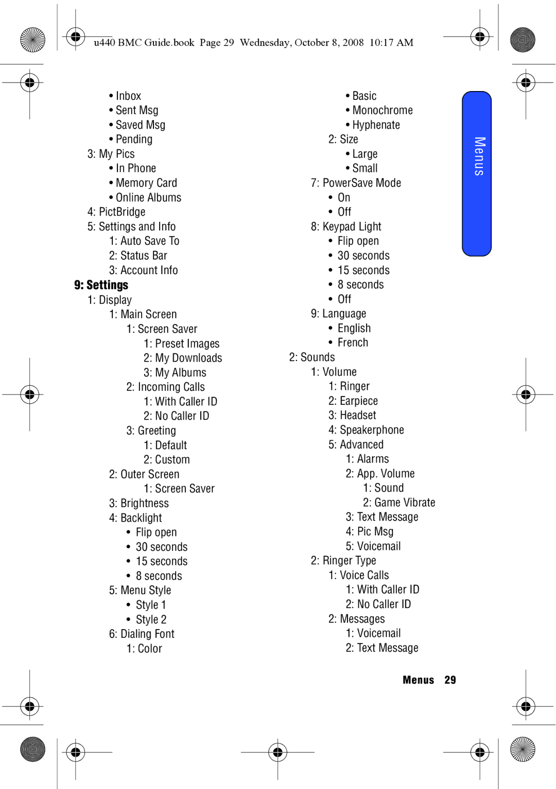 Samsung SCH-U440 manual Settings, Status Bar Account Info 