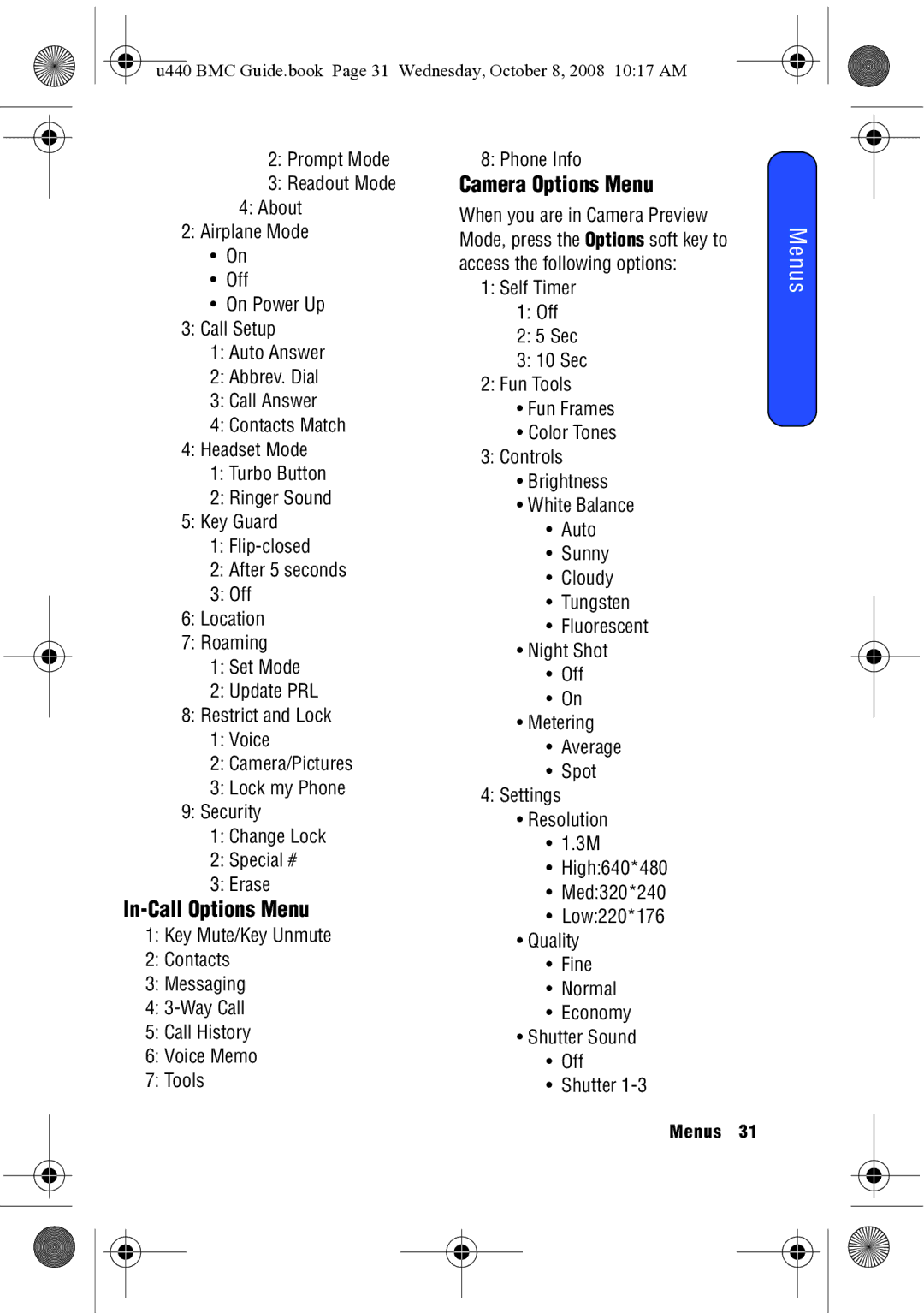 Samsung SCH-U440 manual In-Call Options Menu, Camera Options Menu 