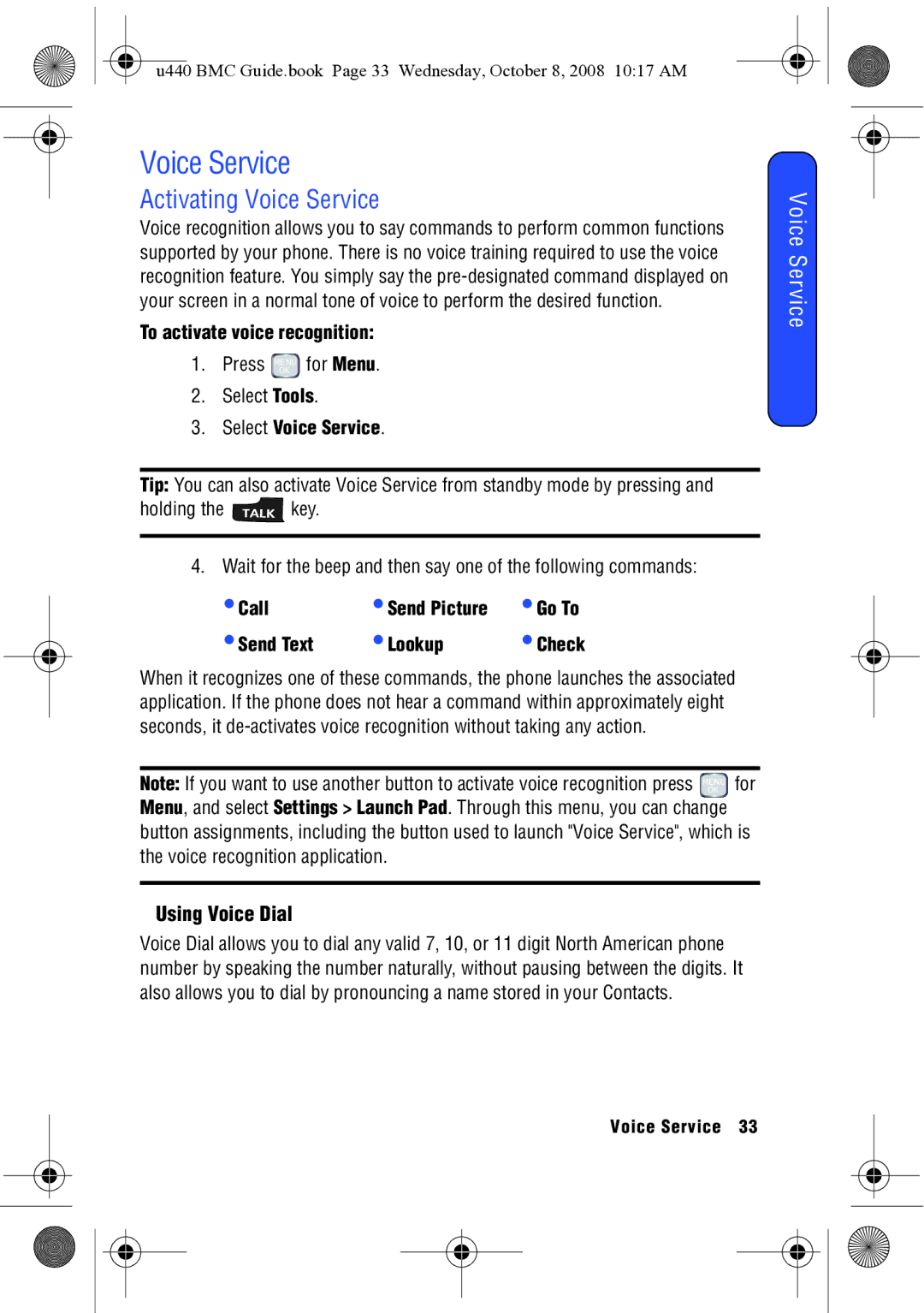 Samsung SCH-U440 manual Activating Voice Service, Using Voice Dial 