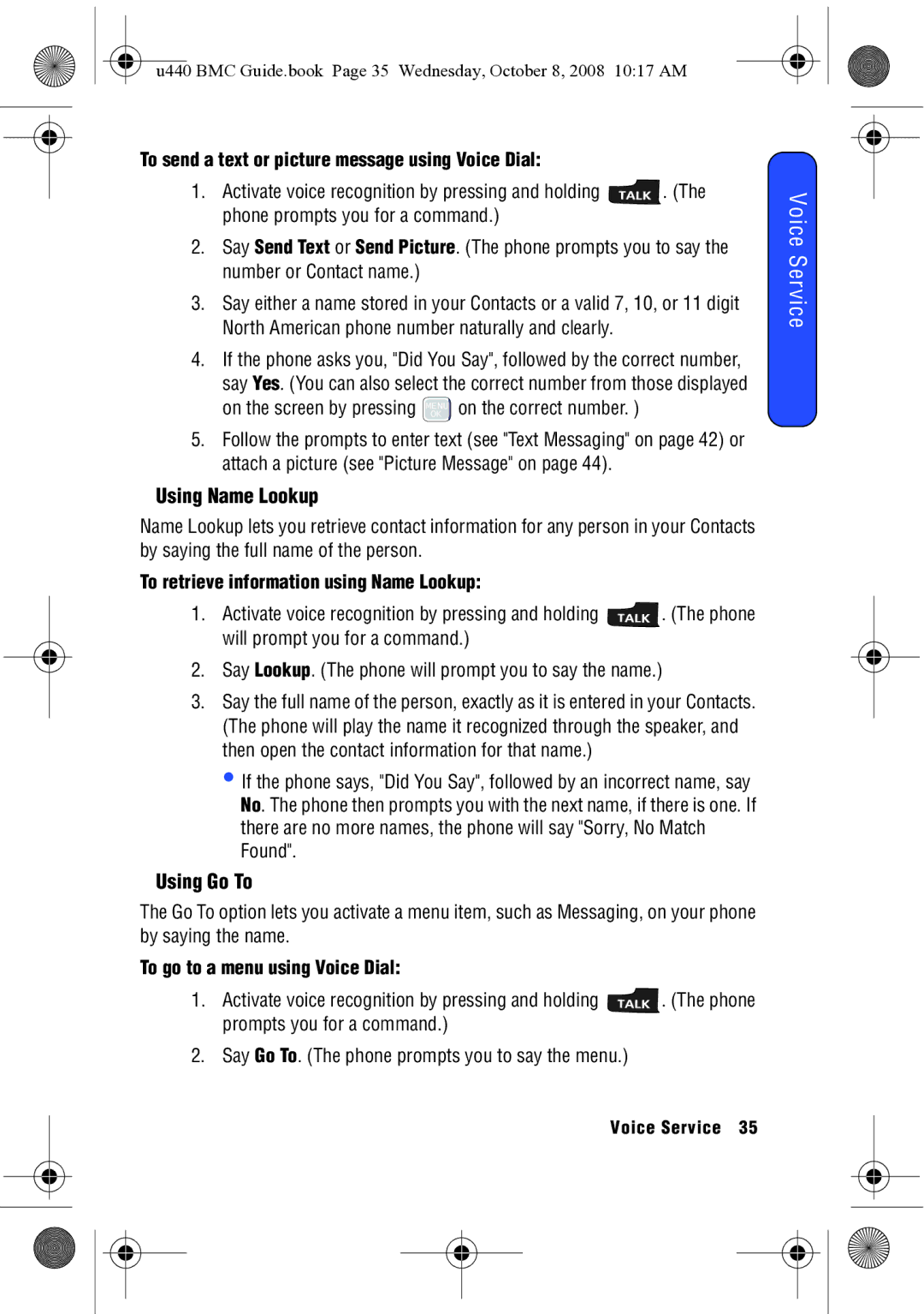 Samsung SCH-U440 manual Using Name Lookup, Using Go To, To send a text or picture message using Voice Dial 