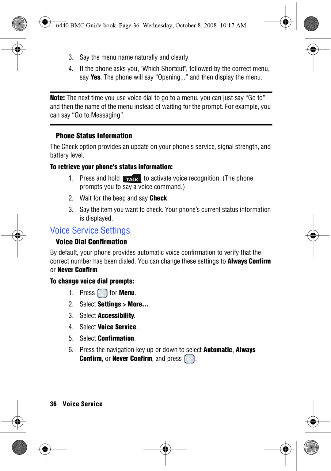 Samsung SCH-U440 manual Voice Service Settings, Phone Status Information, Voice Dial Confirmation 