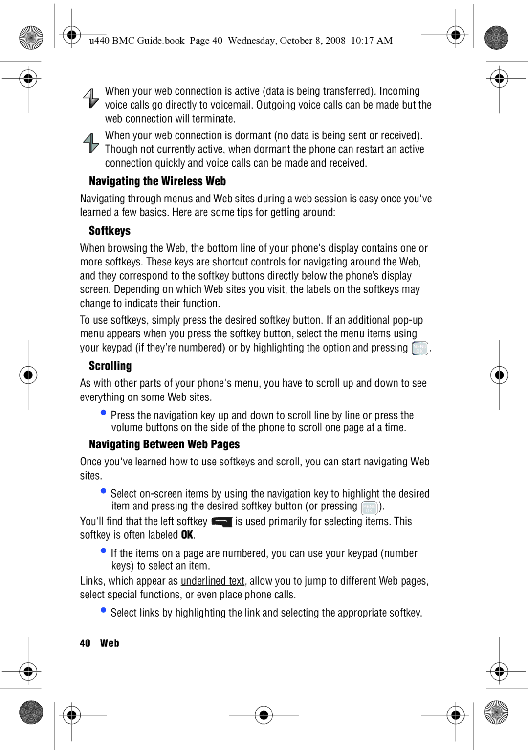 Samsung SCH-U440 manual Navigating the Wireless Web, Softkeys, Scrolling, Navigating Between Web Pages 