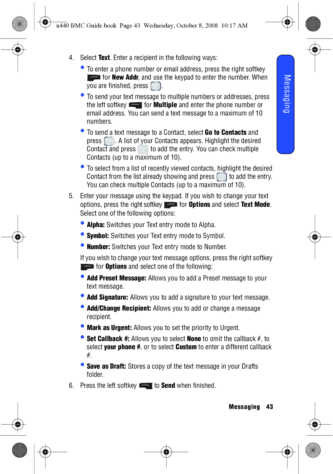 Samsung SCH-U440 manual Messaging, Select Text. Enter a recipient in the following ways 