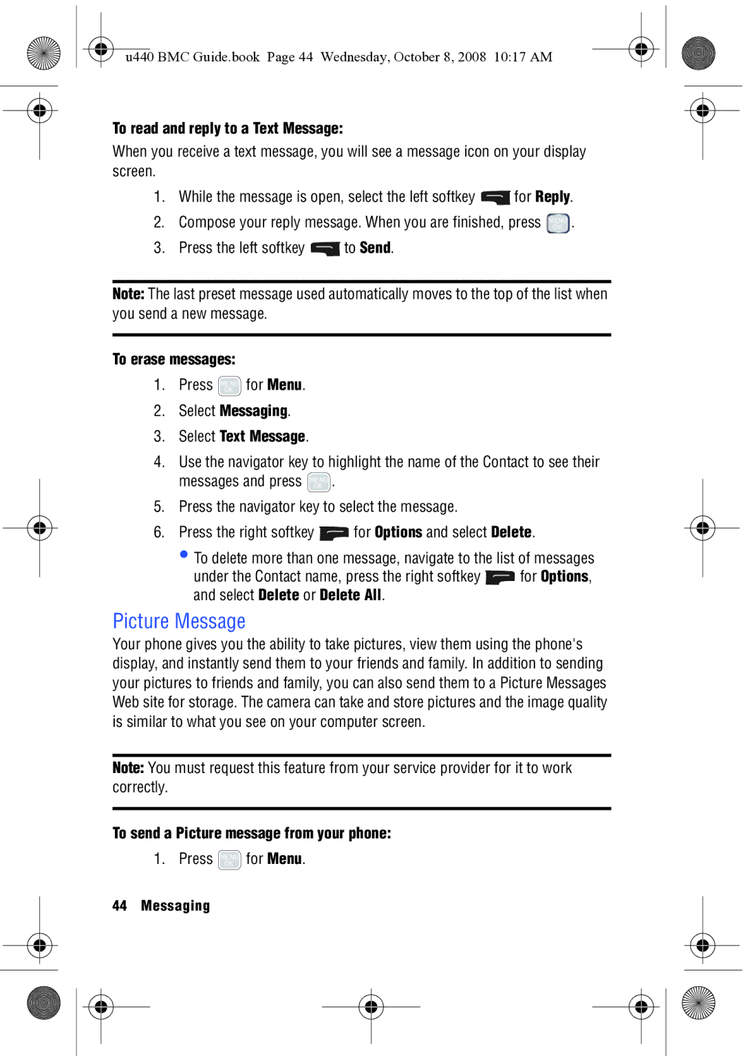 Samsung SCH-U440 manual Picture Message, To read and reply to a Text Message, To erase messages 