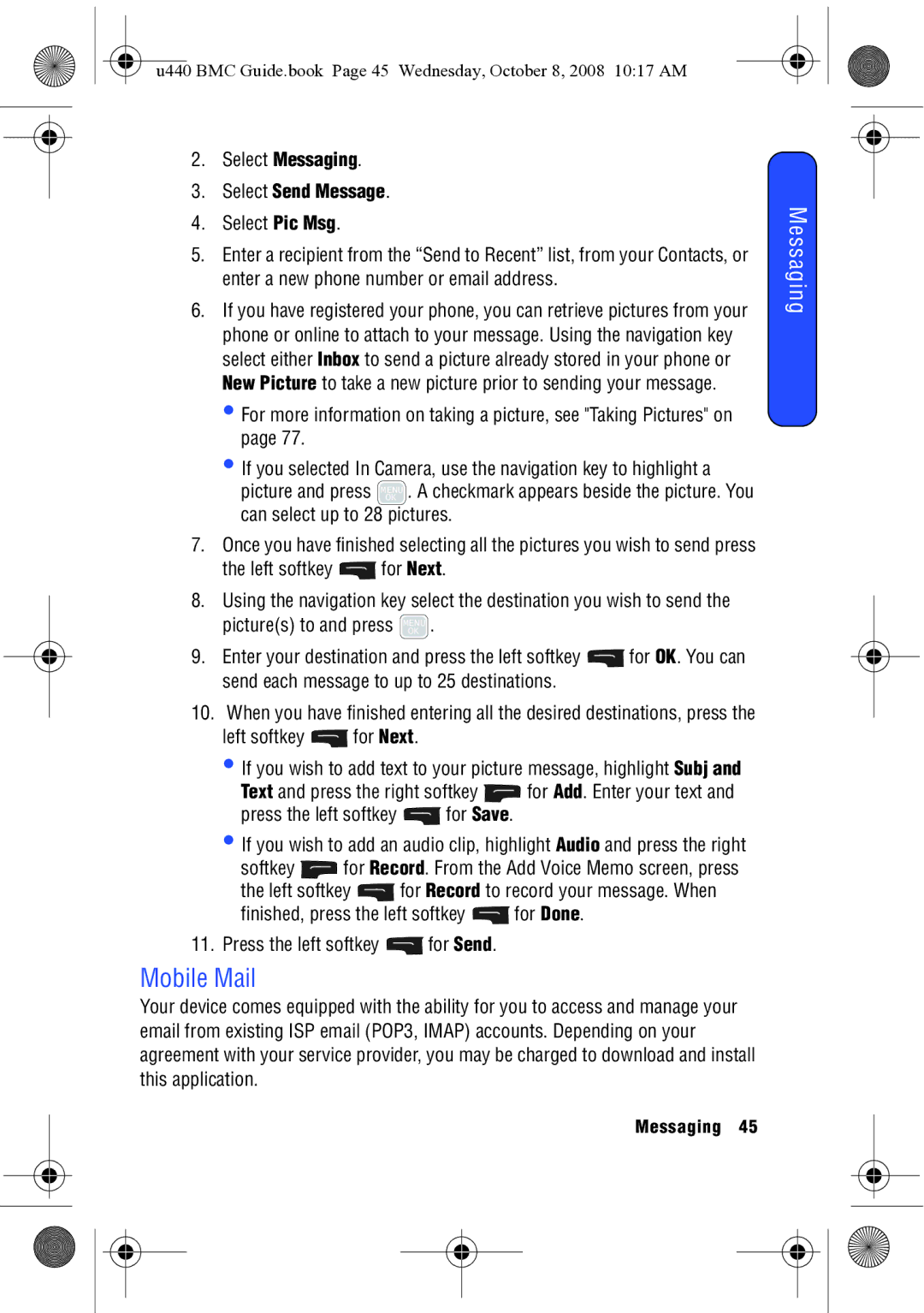 Samsung SCH-U440 manual Mobile Mail, Left softkey for Next, Press the left softkey for Save 