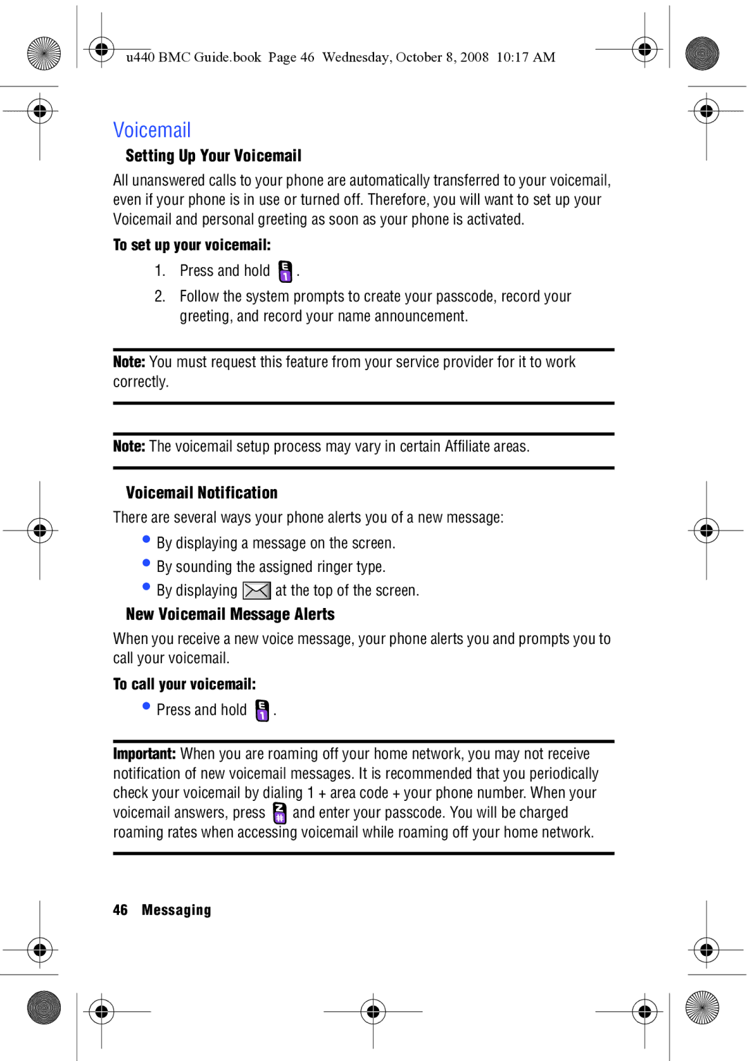 Samsung SCH-U440 manual Setting Up Your Voicemail, Voicemail Notification, New Voicemail Message Alerts 