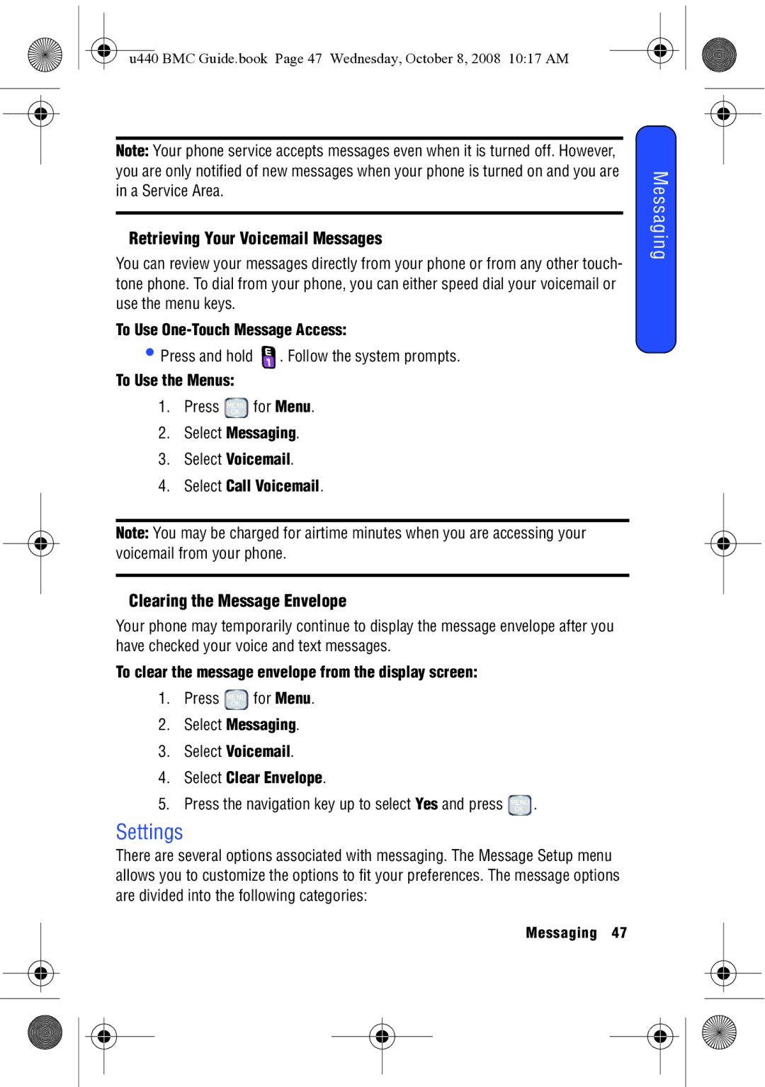 Samsung SCH-U440 manual Settings, Retrieving Your Voicemail Messages, Clearing the Message Envelope 