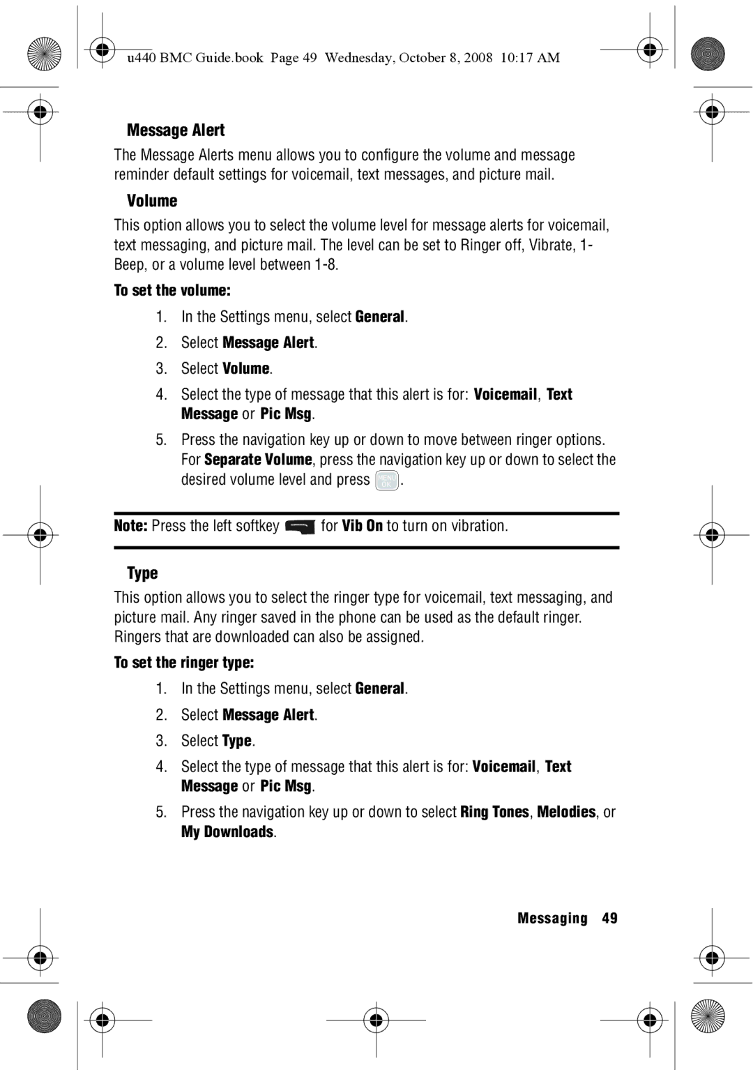 Samsung SCH-U440 manual Message Alert, Volume, Type 