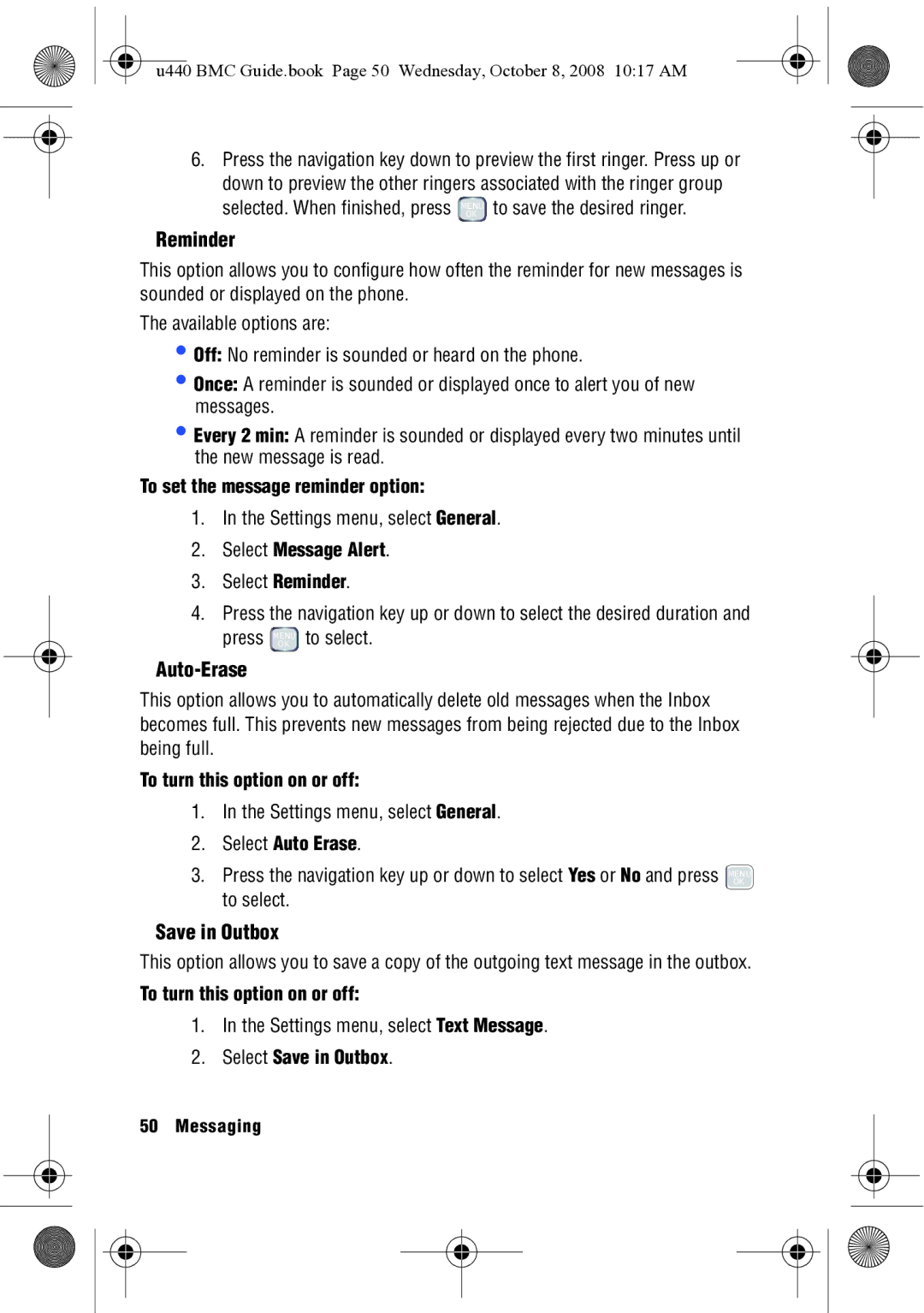 Samsung SCH-U440 manual Reminder, Auto-Erase, Save in Outbox 