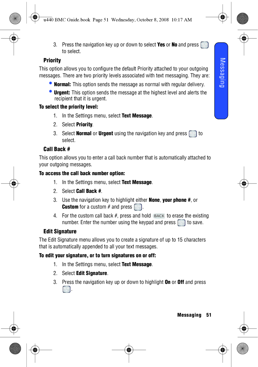 Samsung SCH-U440 manual Priority, Call Back #, Edit Signature 