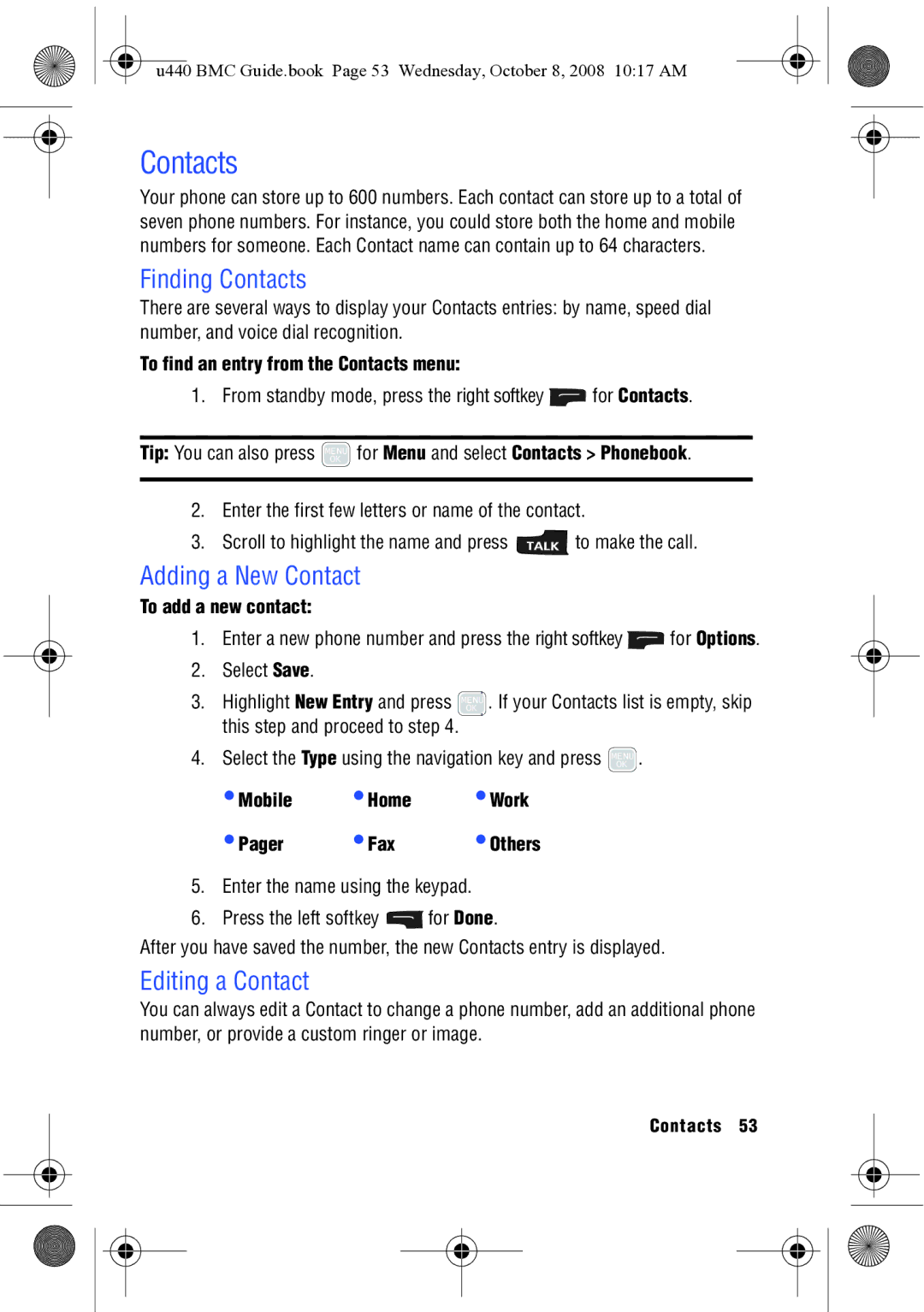 Samsung SCH-U440 manual Finding Contacts, Adding a New Contact, Editing a Contact 