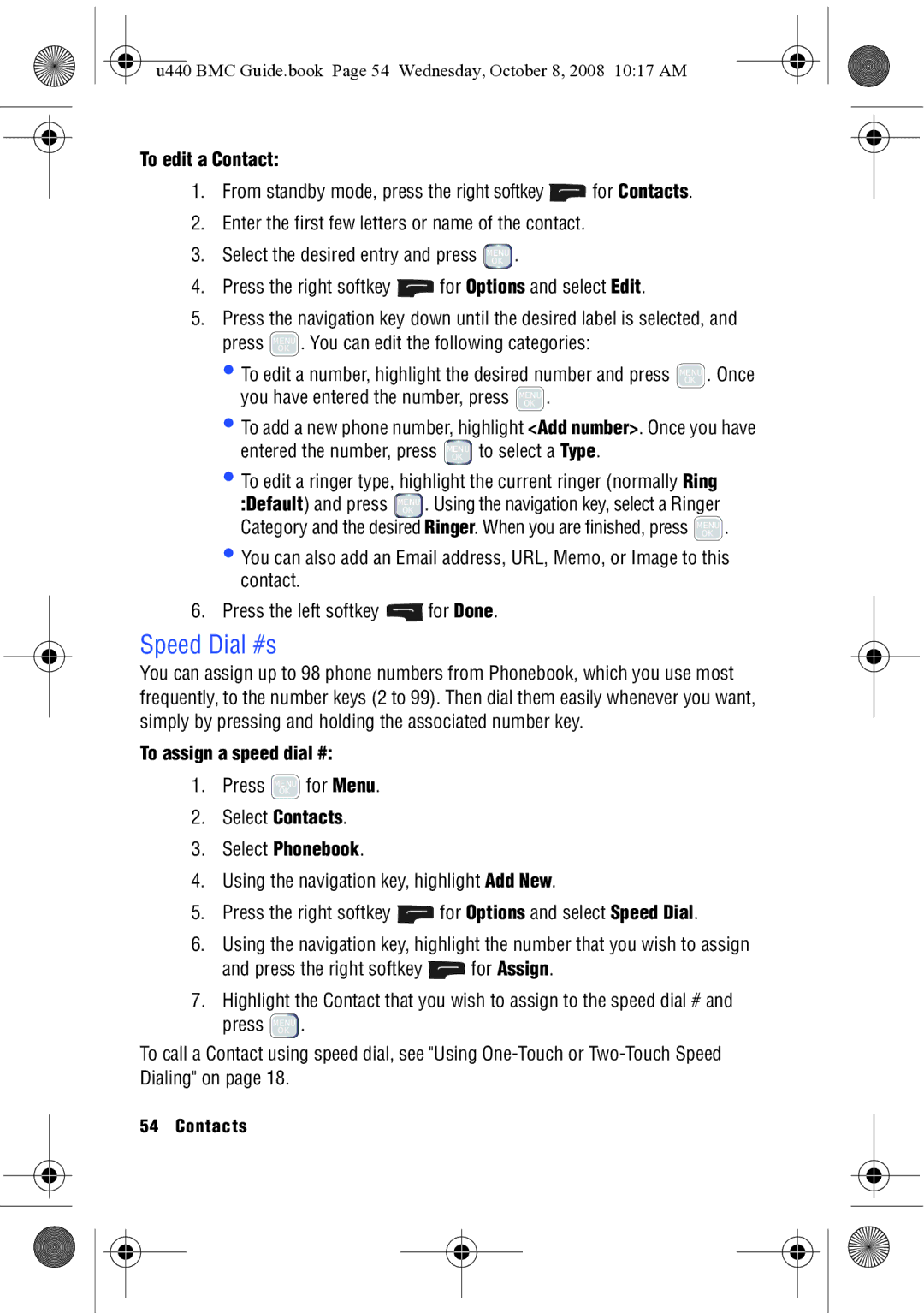 Samsung SCH-U440 manual Speed Dial #s, To edit a Contact, To assign a speed dial #, Press Menuok for Menu Select Contacts 