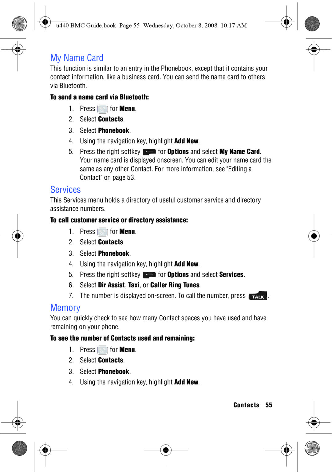 Samsung SCH-U440 manual My Name Card, Services, Memory 