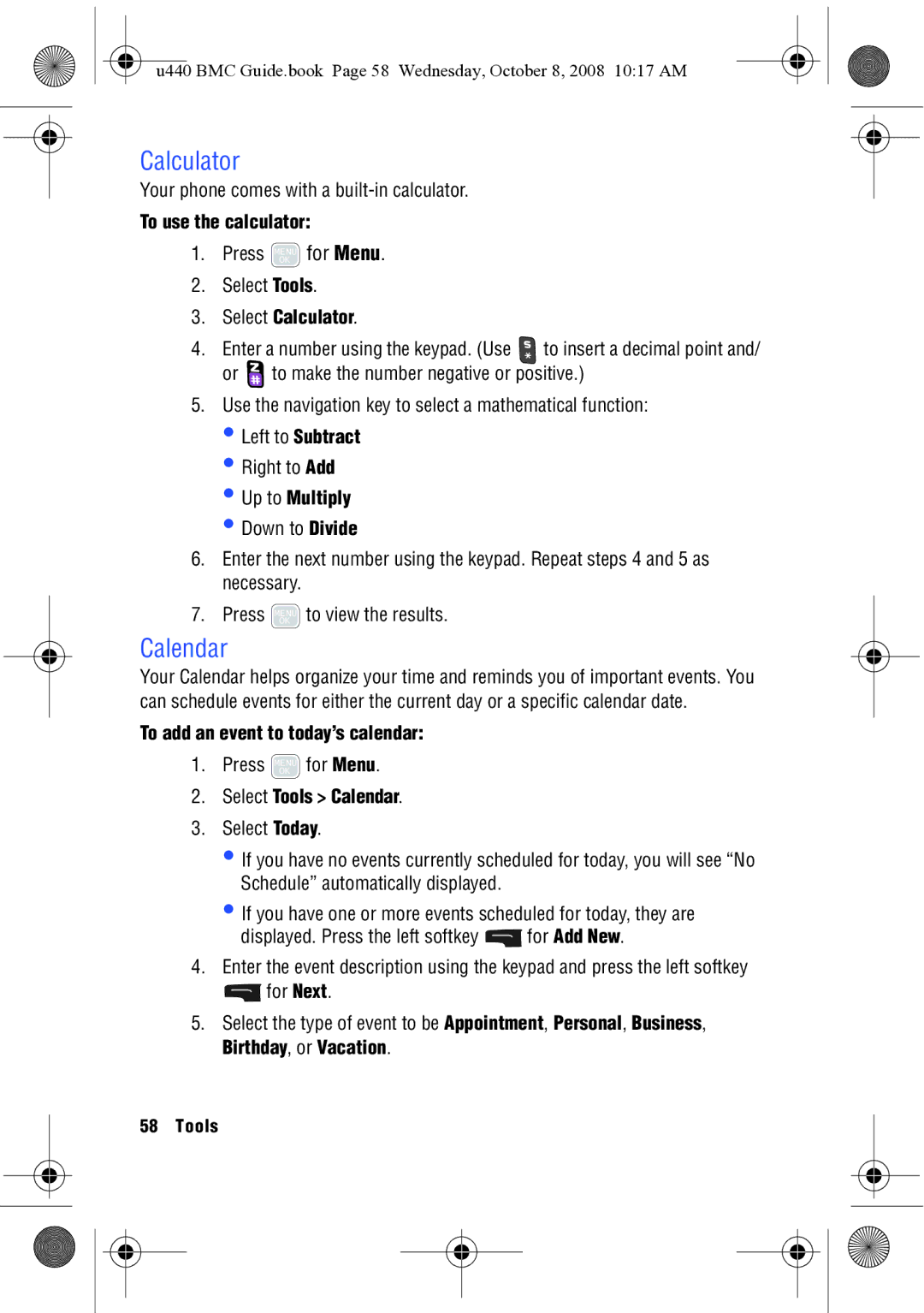 Samsung SCH-U440 manual Calculator, Calendar 