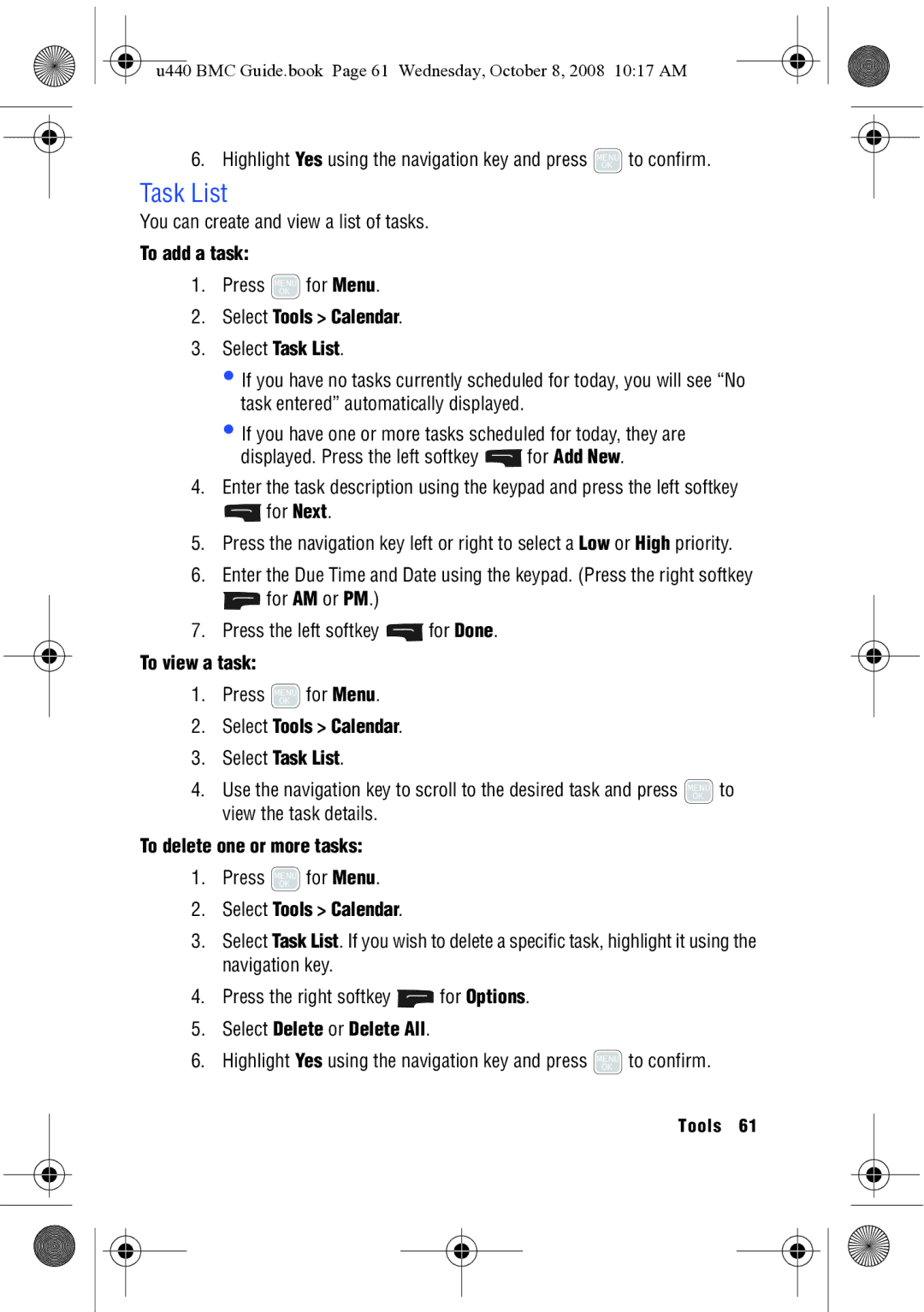 Samsung SCH-U440 To add a task, Select Tools Calendar Select Task List, To view a task, To delete one or more tasks 