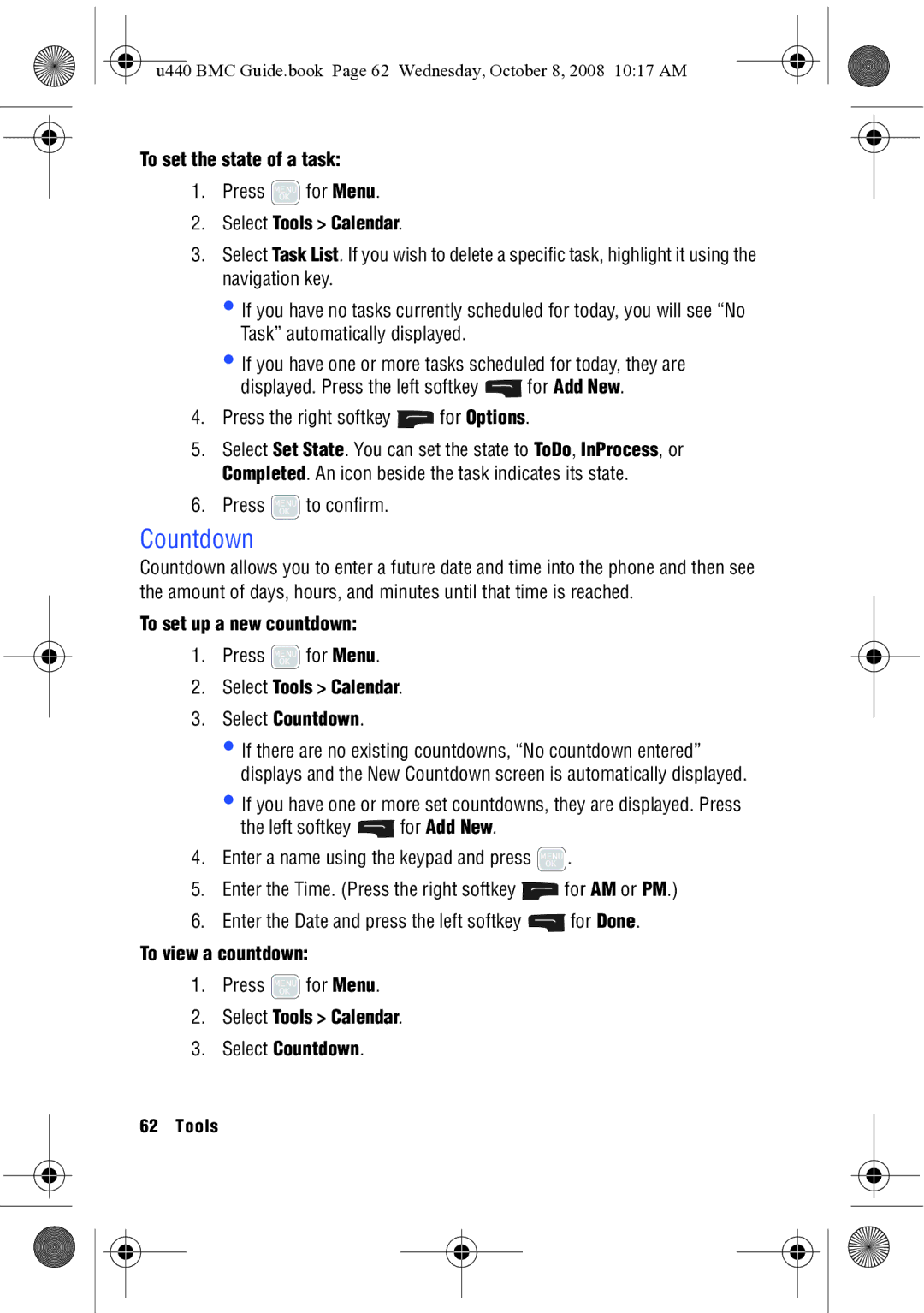 Samsung SCH-U440 manual To set the state of a task, To set up a new countdown, Select Tools Calendar Select Countdown 