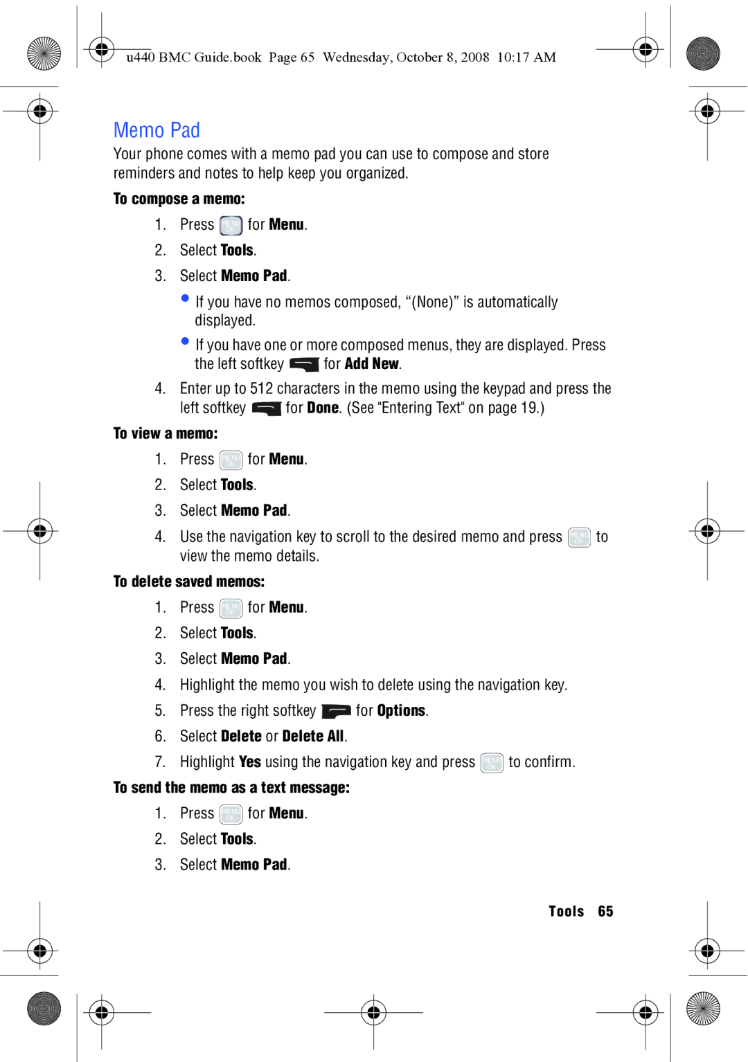 Samsung SCH-U440 Memo Pad, To compose a memo, To view a memo, To delete saved memos, To send the memo as a text message 