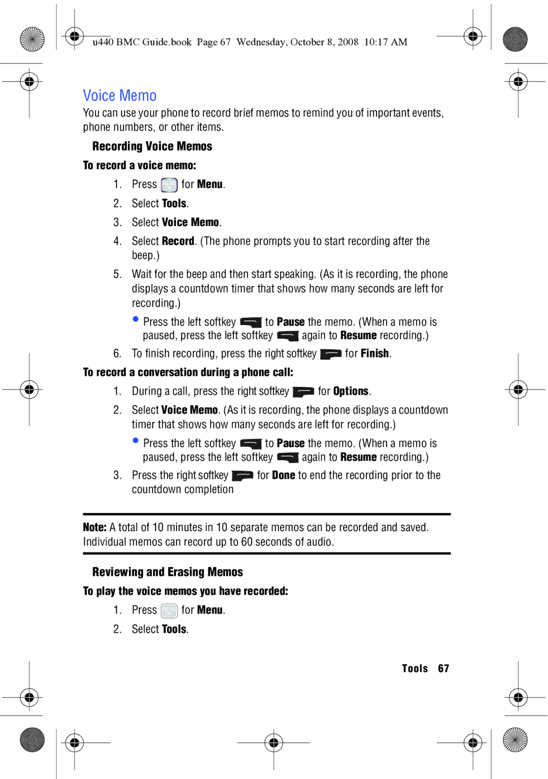 Samsung SCH-U440 manual Recording Voice Memos, Reviewing and Erasing Memos 