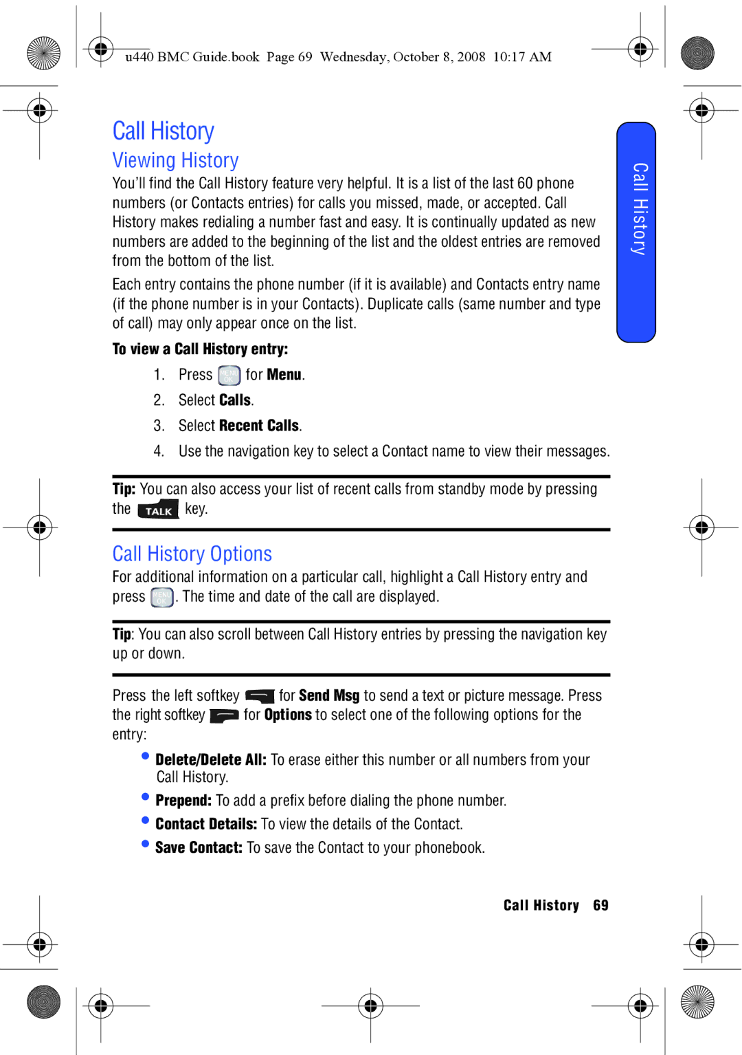 Samsung SCH-U440 manual Viewing History, Call History Options, To view a Call History entry 