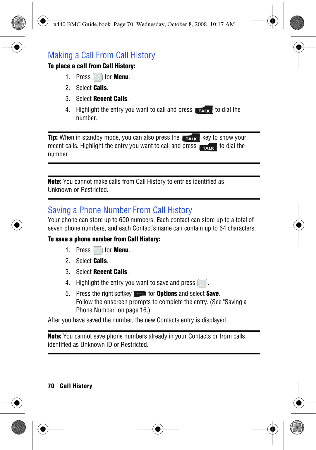 Samsung SCH-U440 manual Making a Call From Call History, Saving a Phone Number From Call History 