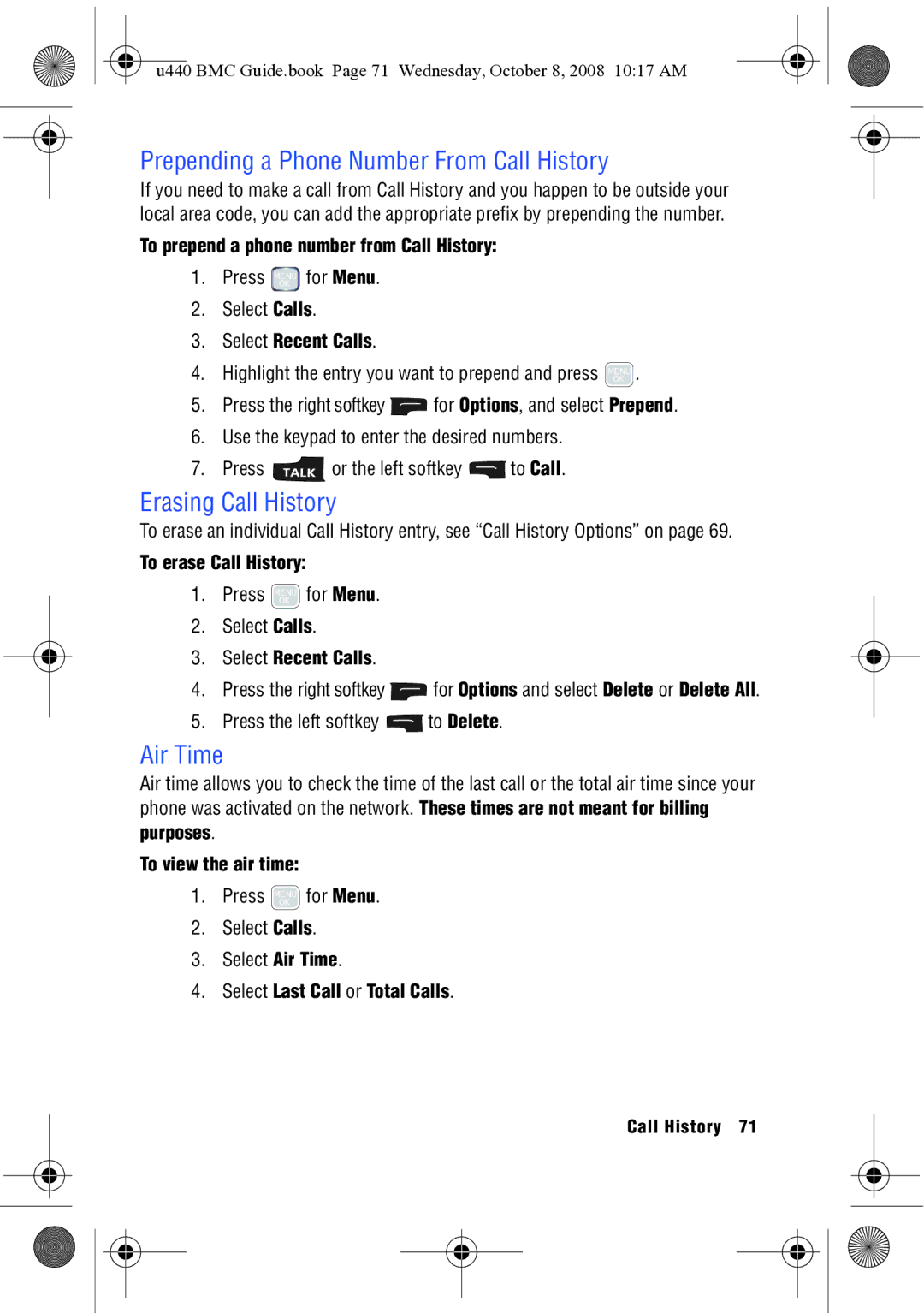 Samsung SCH-U440 manual Prepending a Phone Number From Call History, Erasing Call History, Air Time 