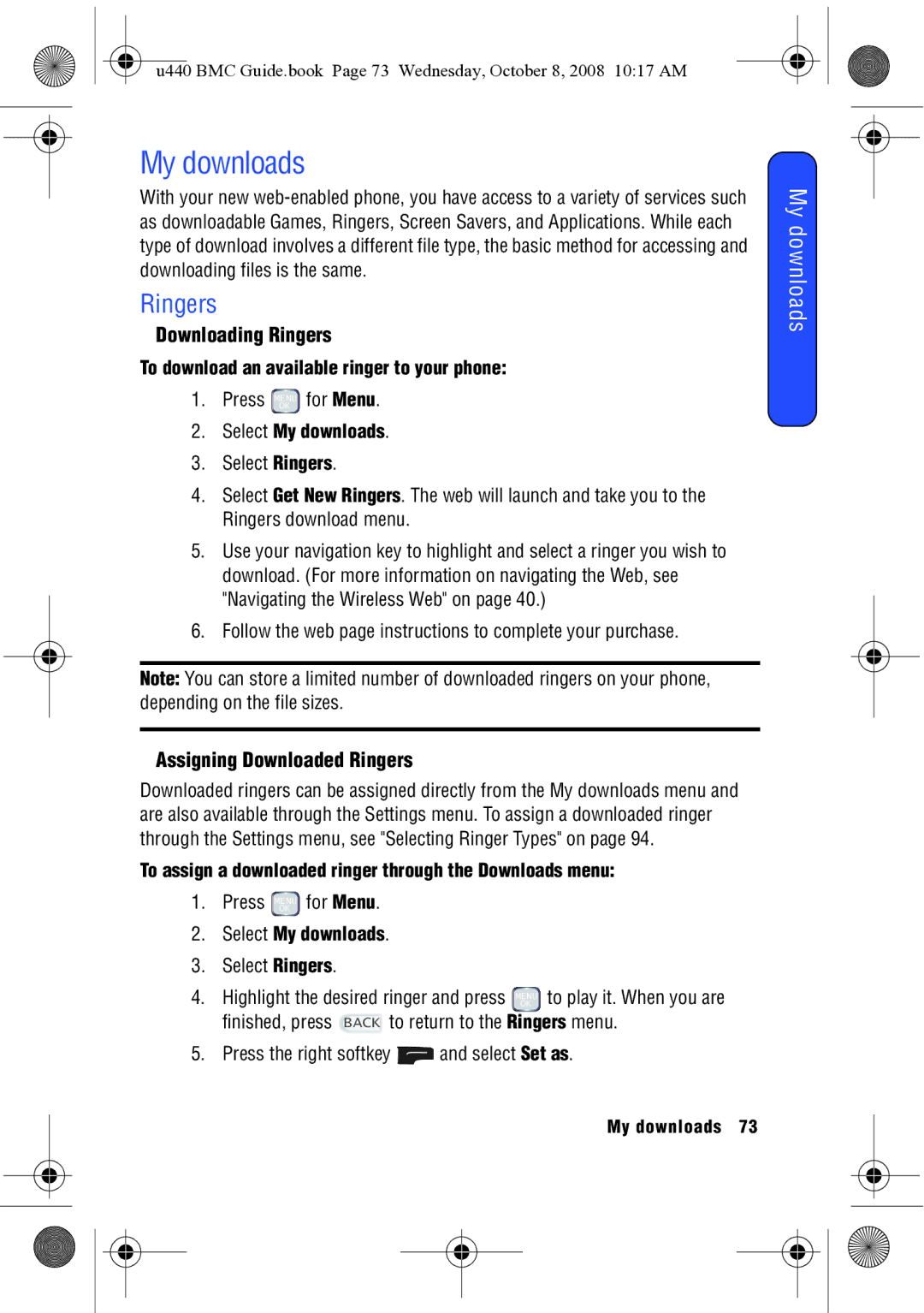 Samsung SCH-U440 manual My downloads, Downloading Ringers, Assigning Downloaded Ringers 