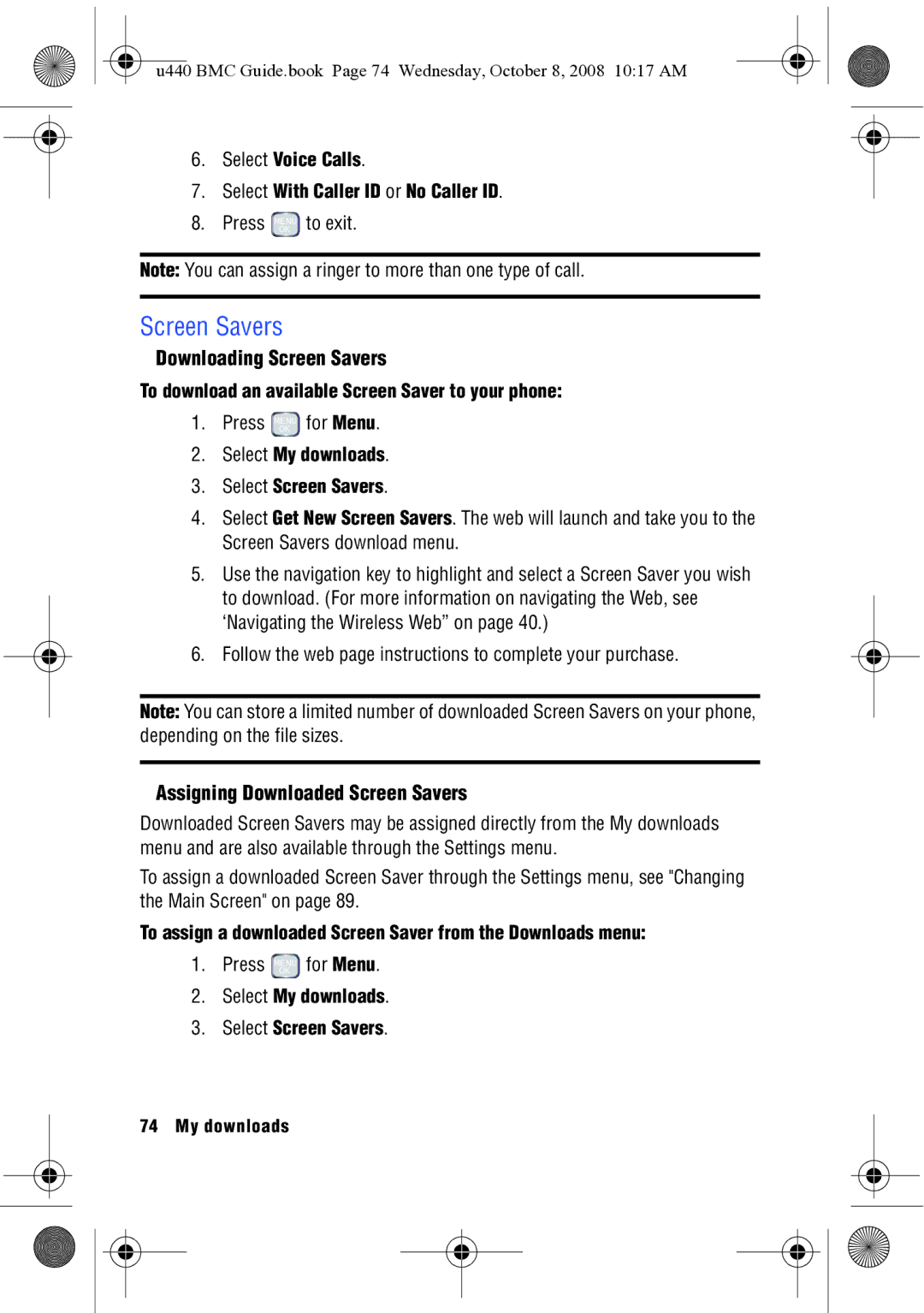 Samsung SCH-U440 manual Downloading Screen Savers, Assigning Downloaded Screen Savers 