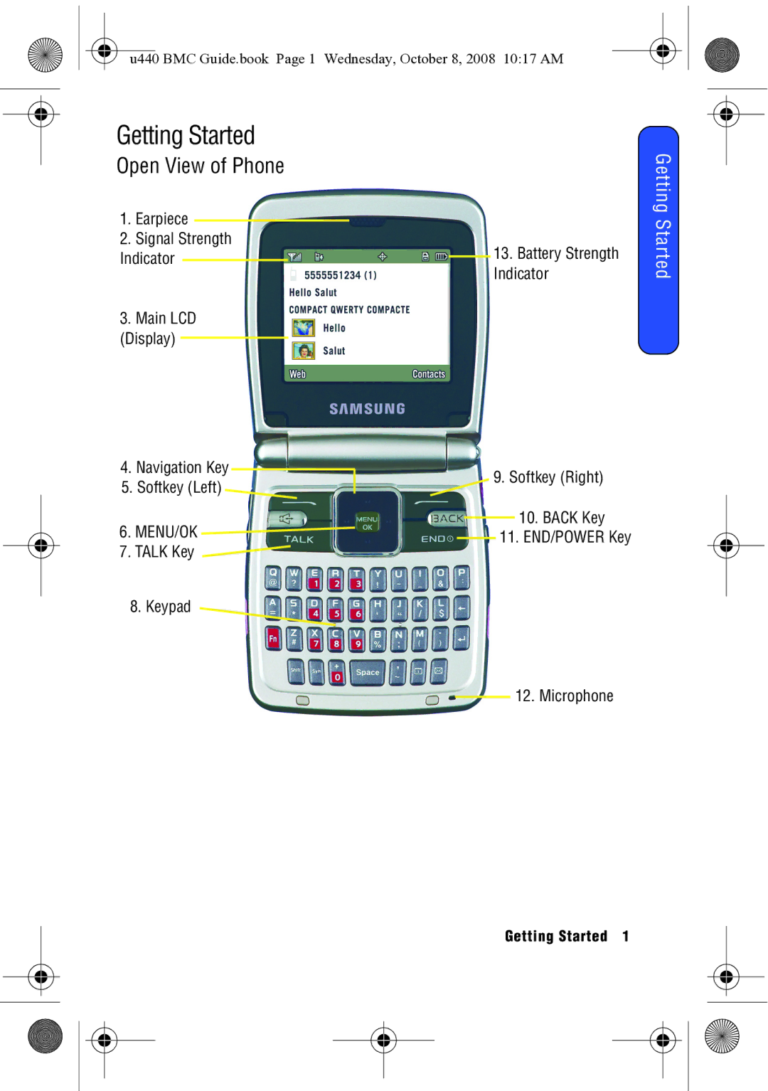 Samsung SCH-U440 manual Earpiece, Navigation Key Softkey Left MENU/OK Talk Key Keypad, Indicator 