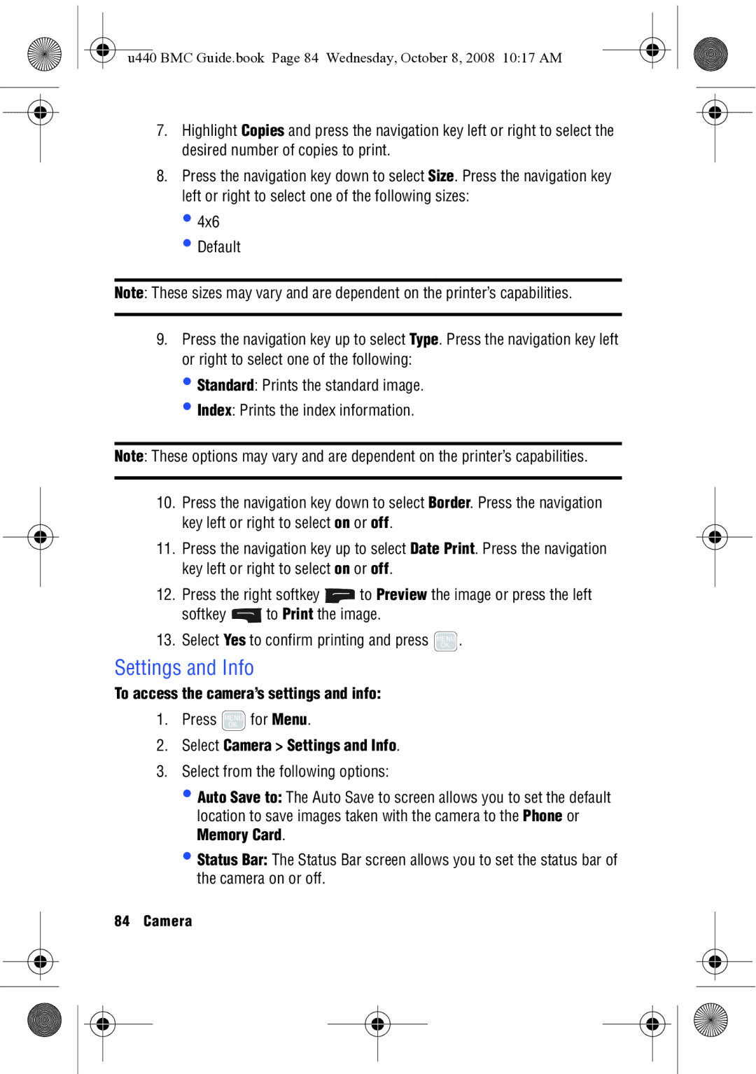 Samsung SCH-U440 manual To access the camera’s settings and info, Select Camera Settings and Info 