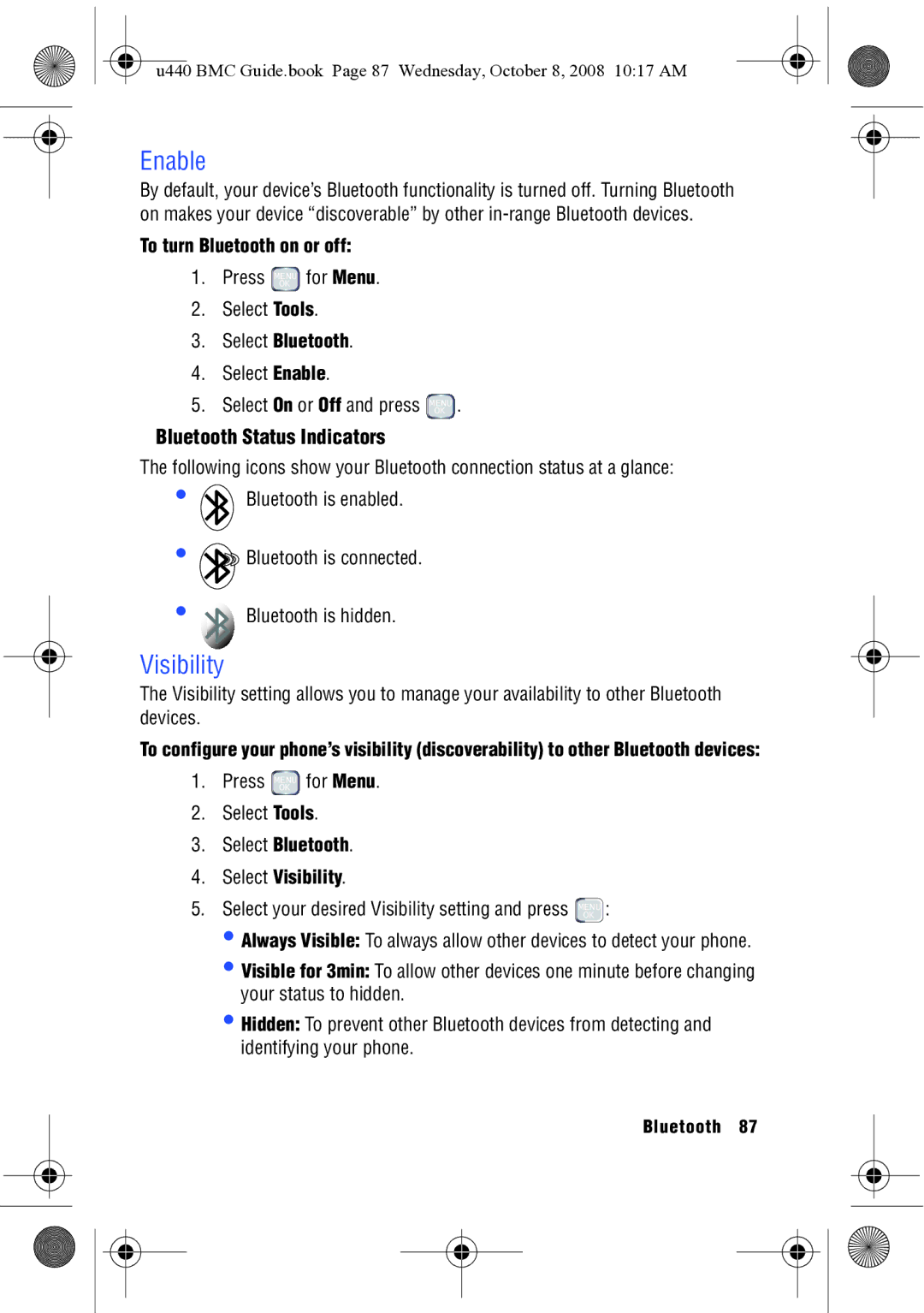 Samsung SCH-U440 manual Enable, Visibility, Bluetooth Status Indicators 