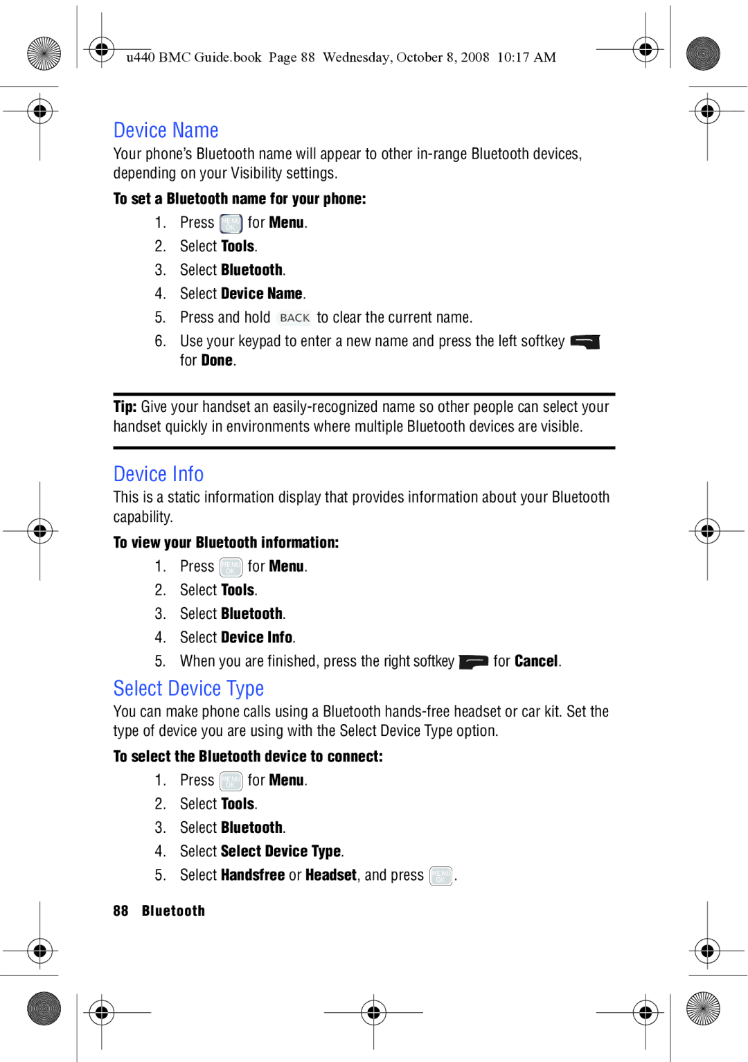 Samsung SCH-U440 manual Device Name, Device Info, Select Device Type 