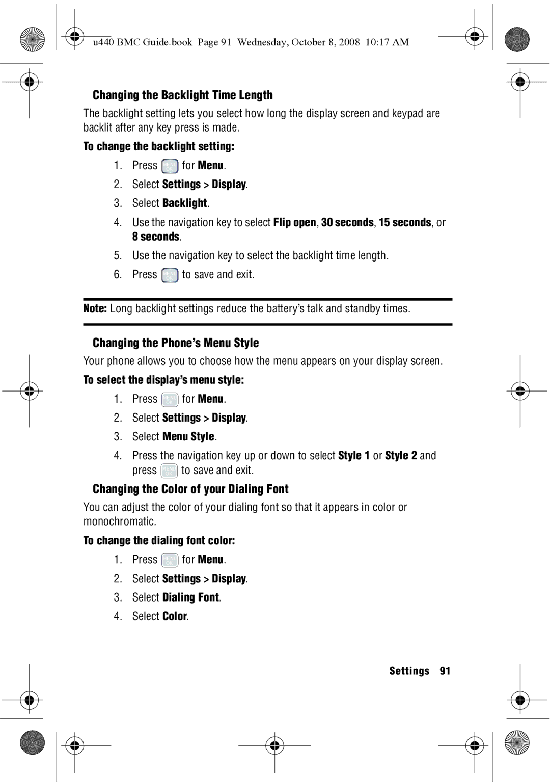 Samsung SCH-U440 manual Changing the Backlight Time Length, Changing the Color of your Dialing Font 