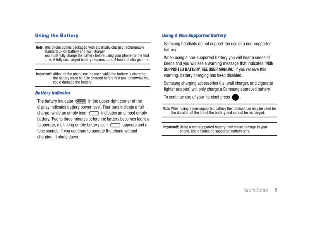 Samsung SCH-U450HAATLS user manual Using the Battery, Battery Indicator, Using a Non-Supported Battery 